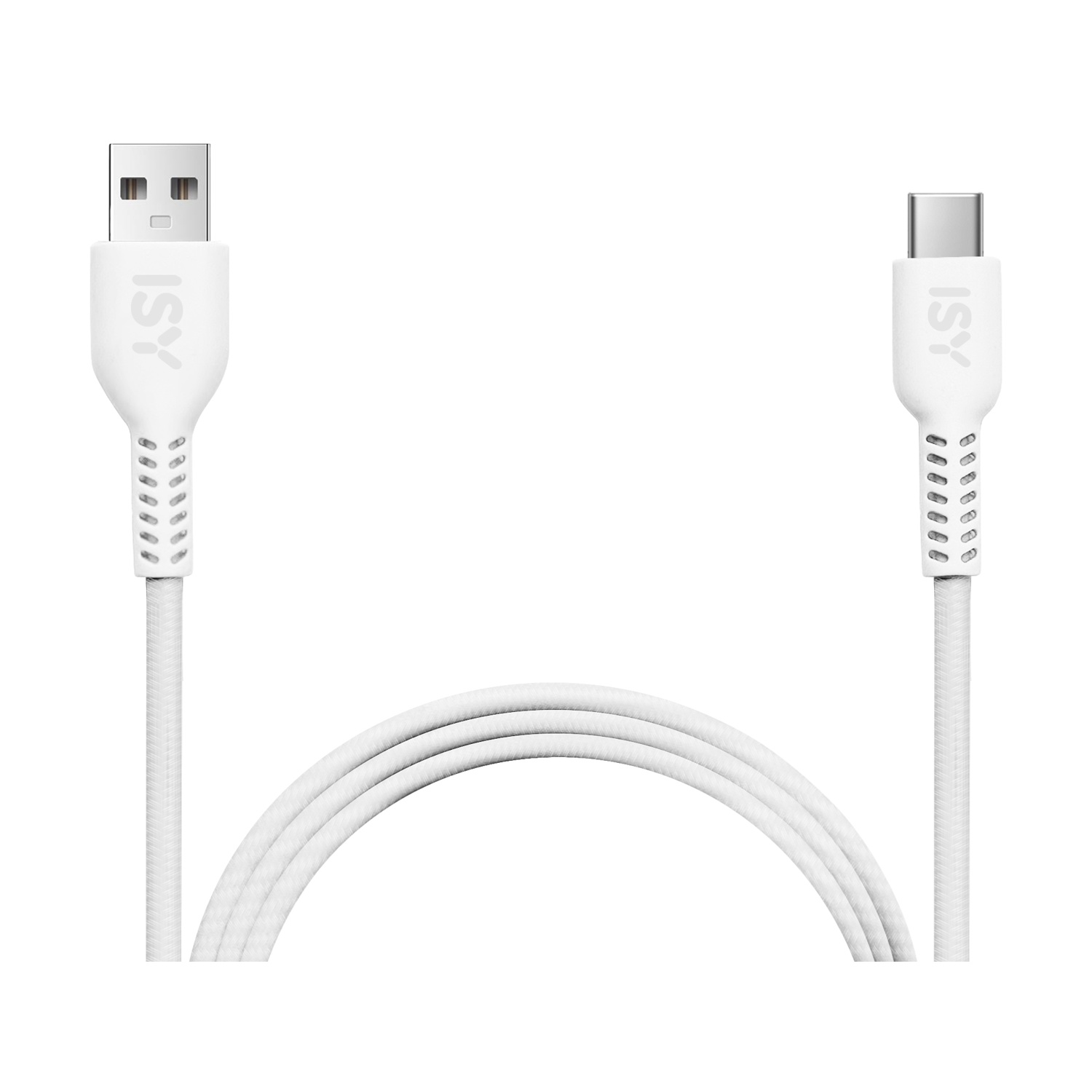 Un cavo ISY USB-C bianco con connettori USB-A e USB-C su sfondo bianco.