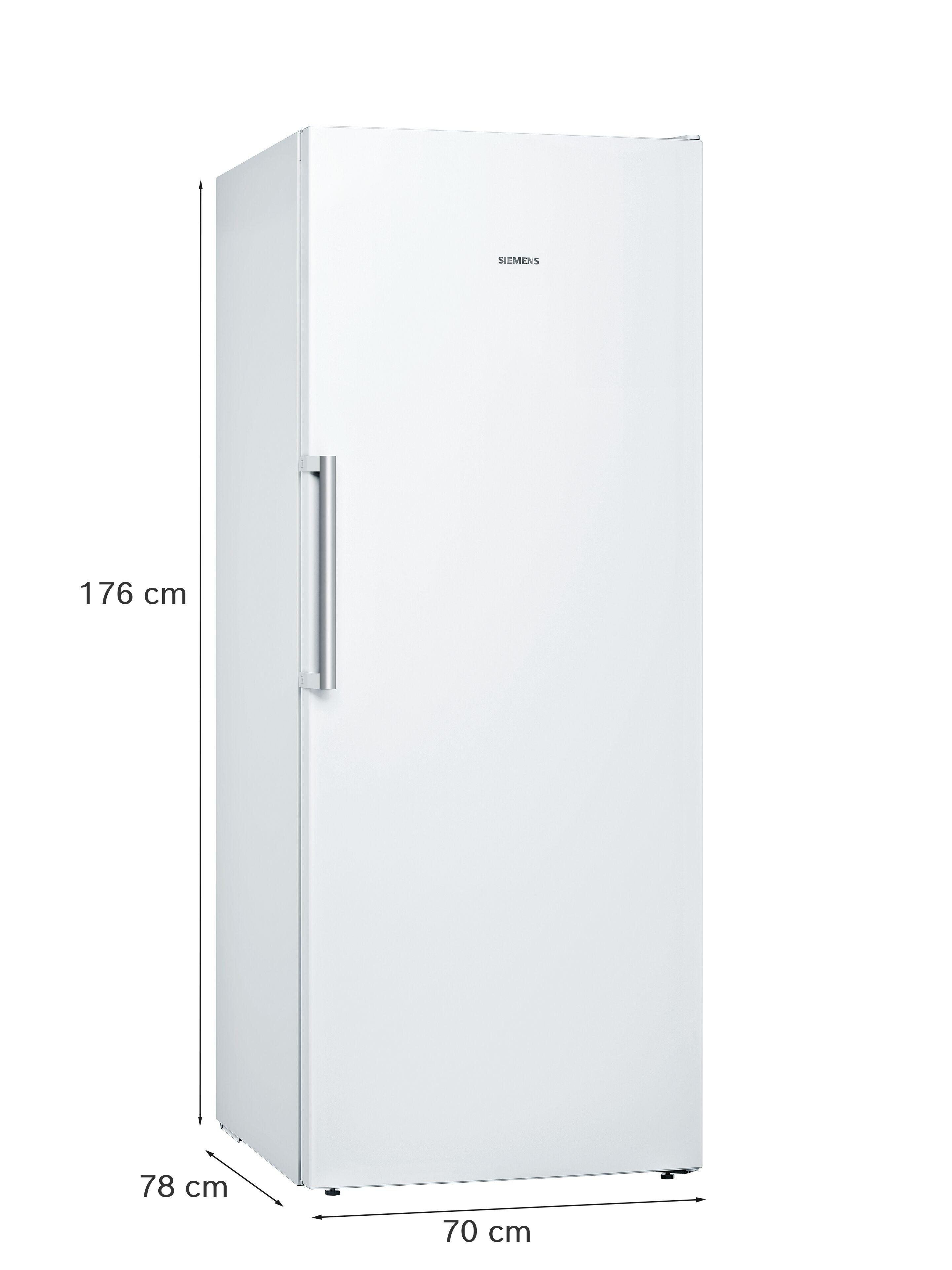 Ein weißer Siemens Kühlschrank mit silbernem Griff. Maße: 176x70x78 cm.