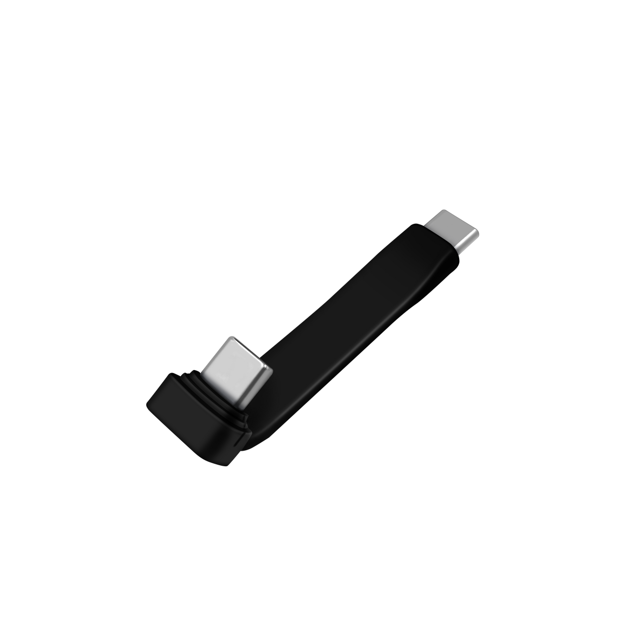 Ein schwarzes USB-C-Kabel mit silbernen Anschlüssen, das auf schwarzem Hintergrund liegt.