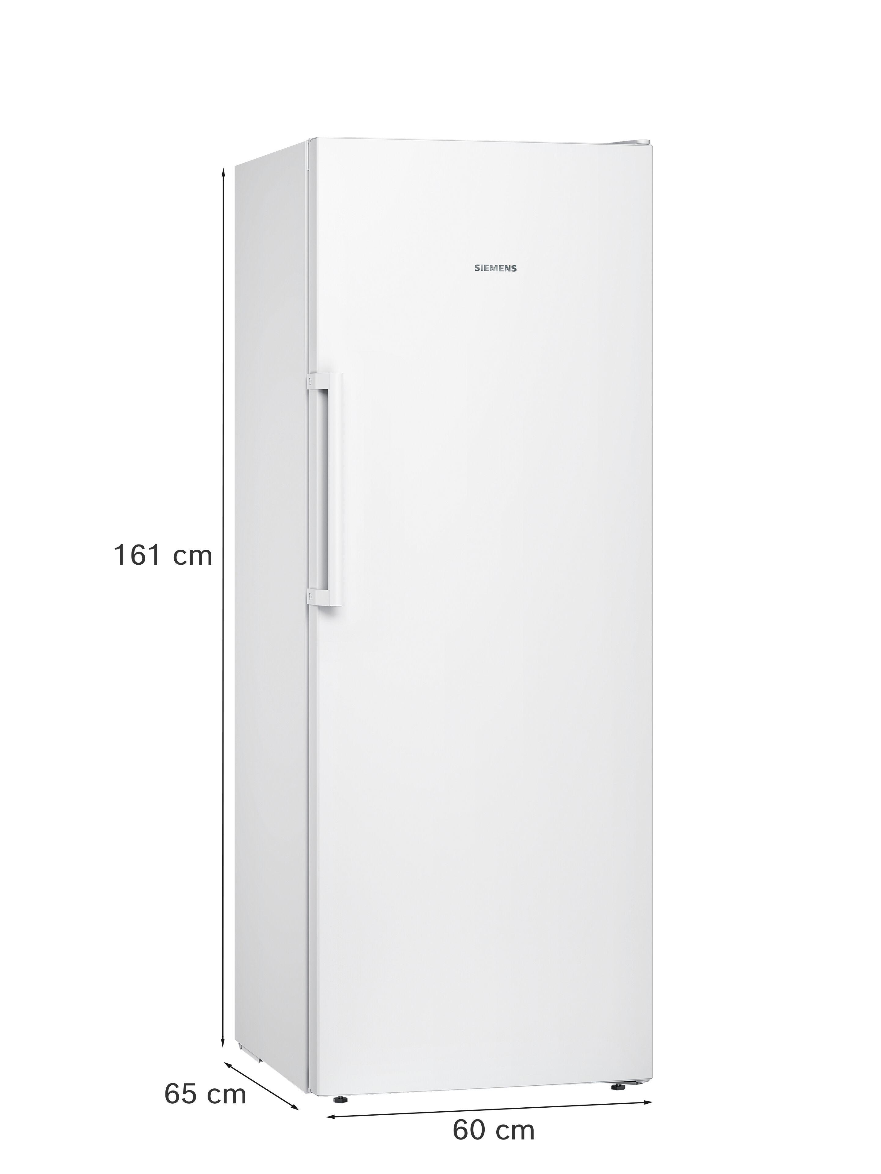 Ein weißer Siemens Kühlschrank, 161 cm hoch, 65 cm tief, 60 cm breit.
