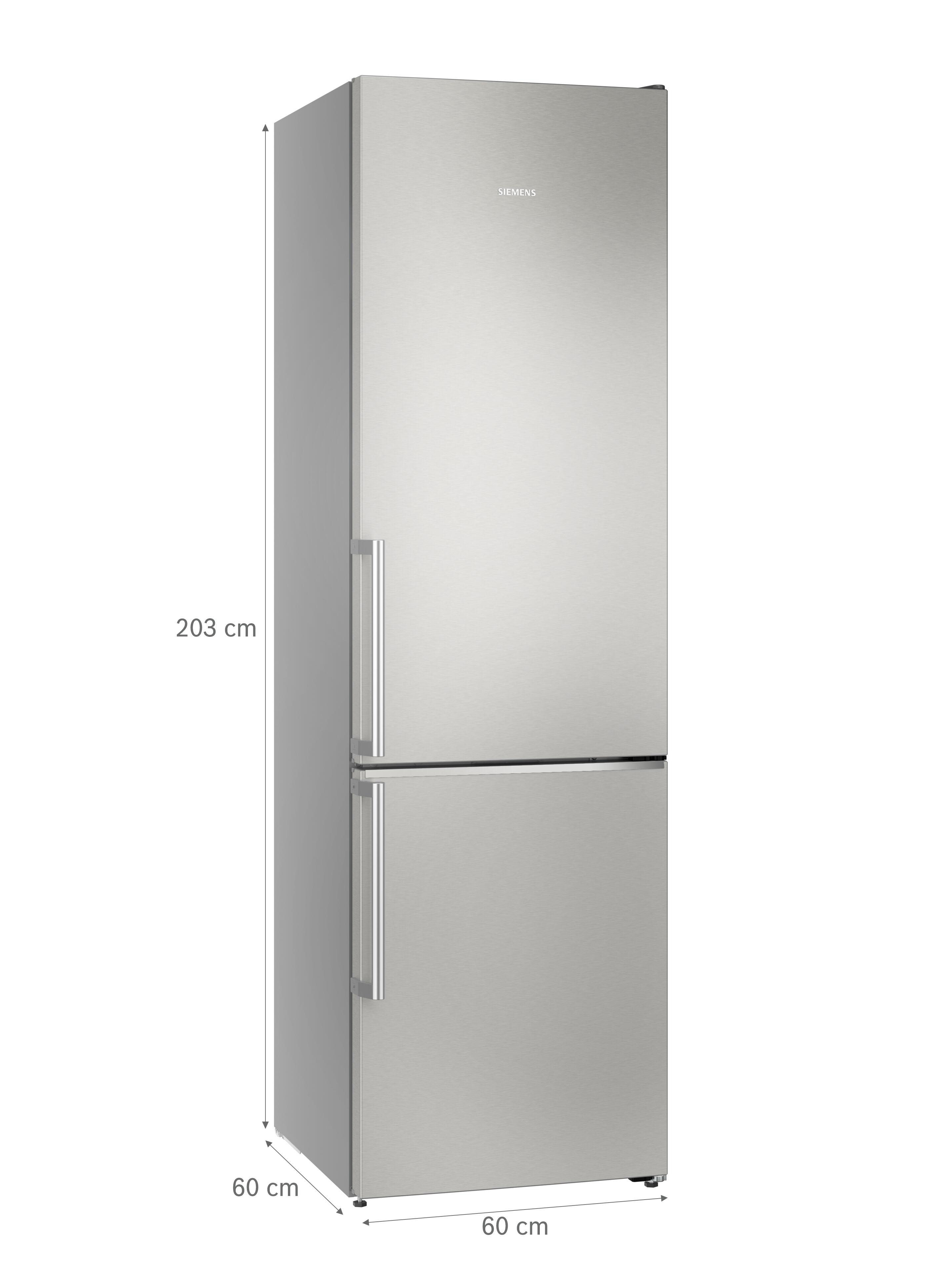 Ein silberner Siemens-Kühlschrank mit Gefrierfach, 203 cm hoch.