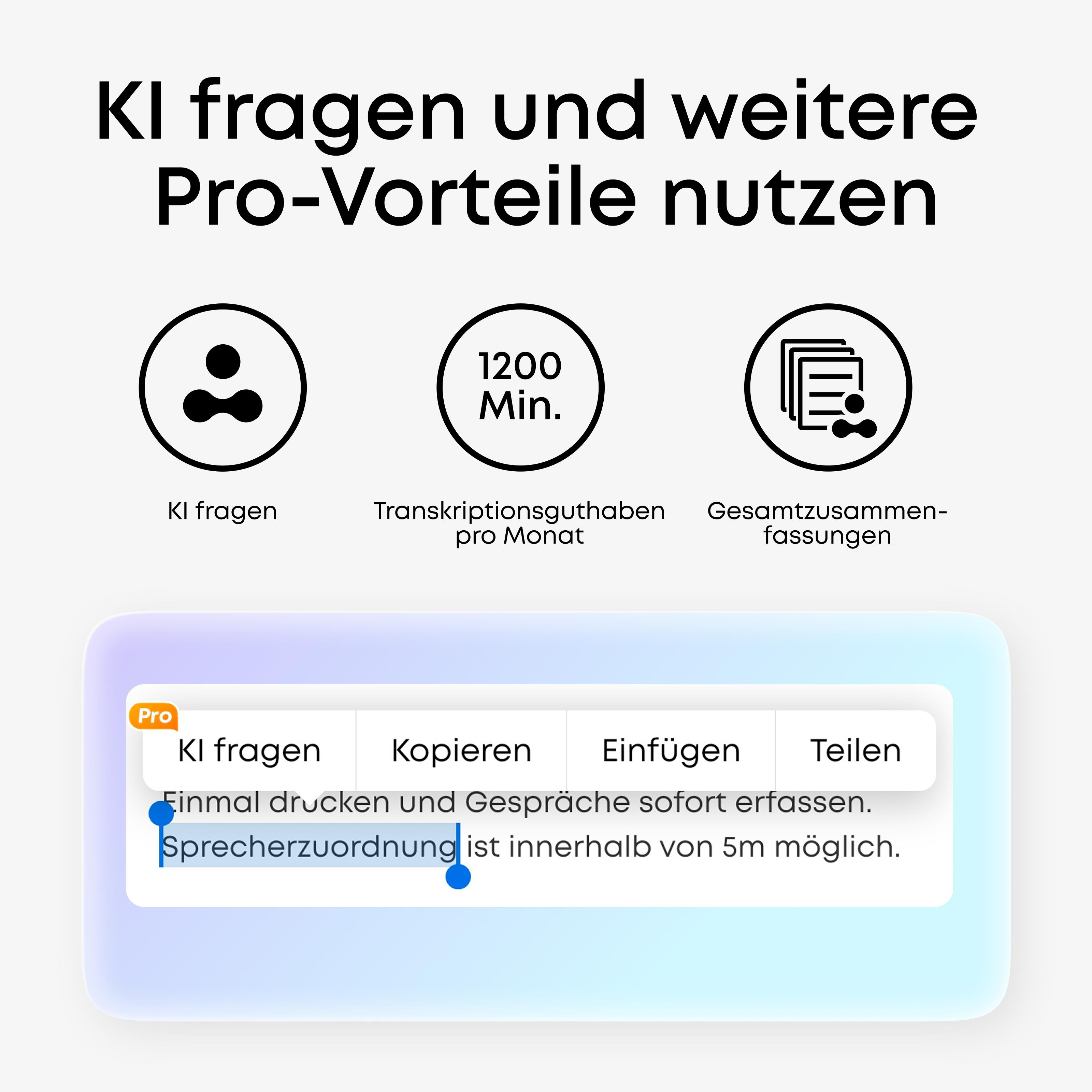 KI-Funktionen, 1200 Min. Transkription, Zusammenfassungen & mehr.