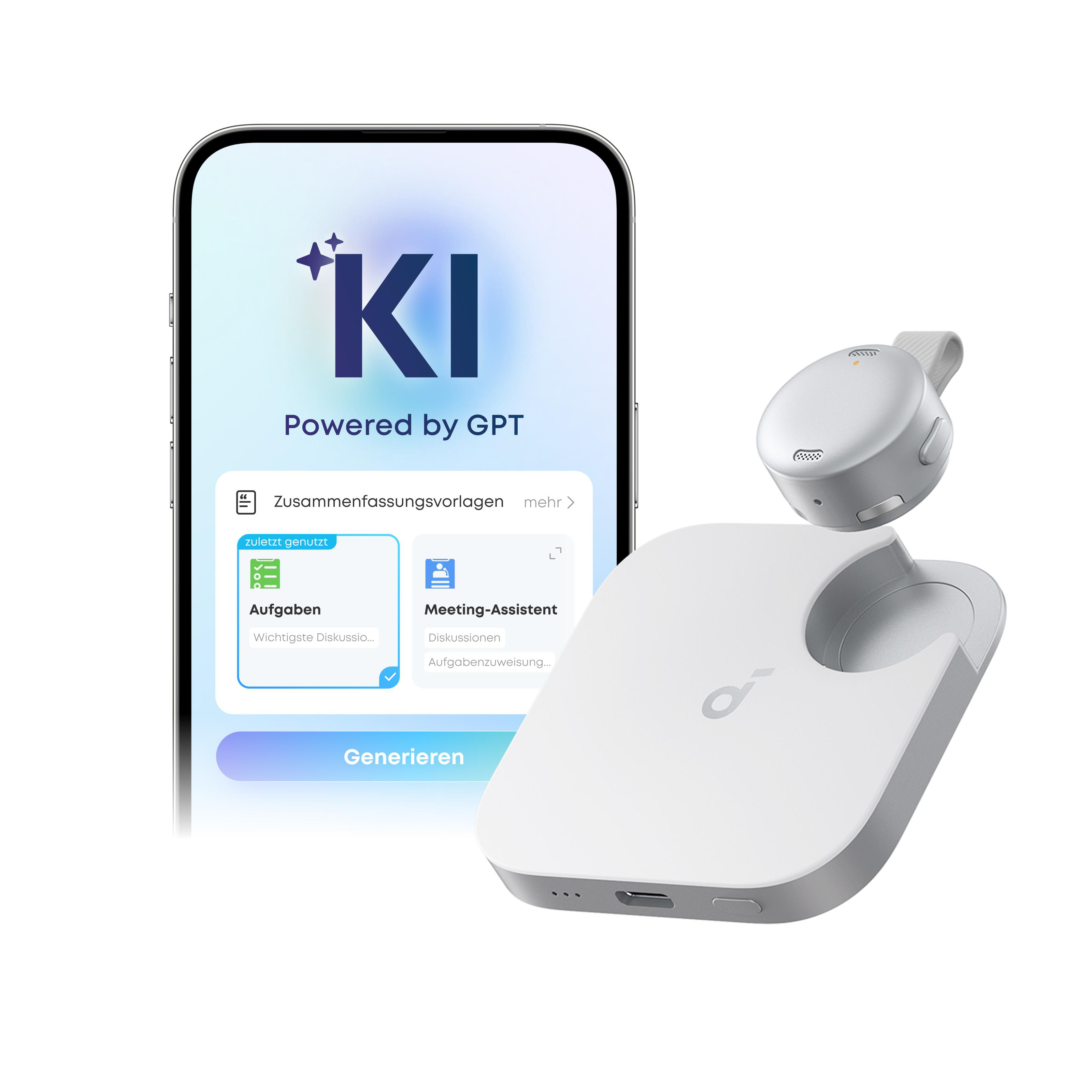 Ein Smartphone zeigt eine App mit KI-Symbol. Daneben liegen weiße Ladegeräte.