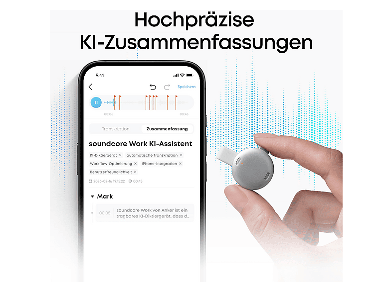 ANKER Soundcore Work KI-gestütztes Diktiergerät, Weiß