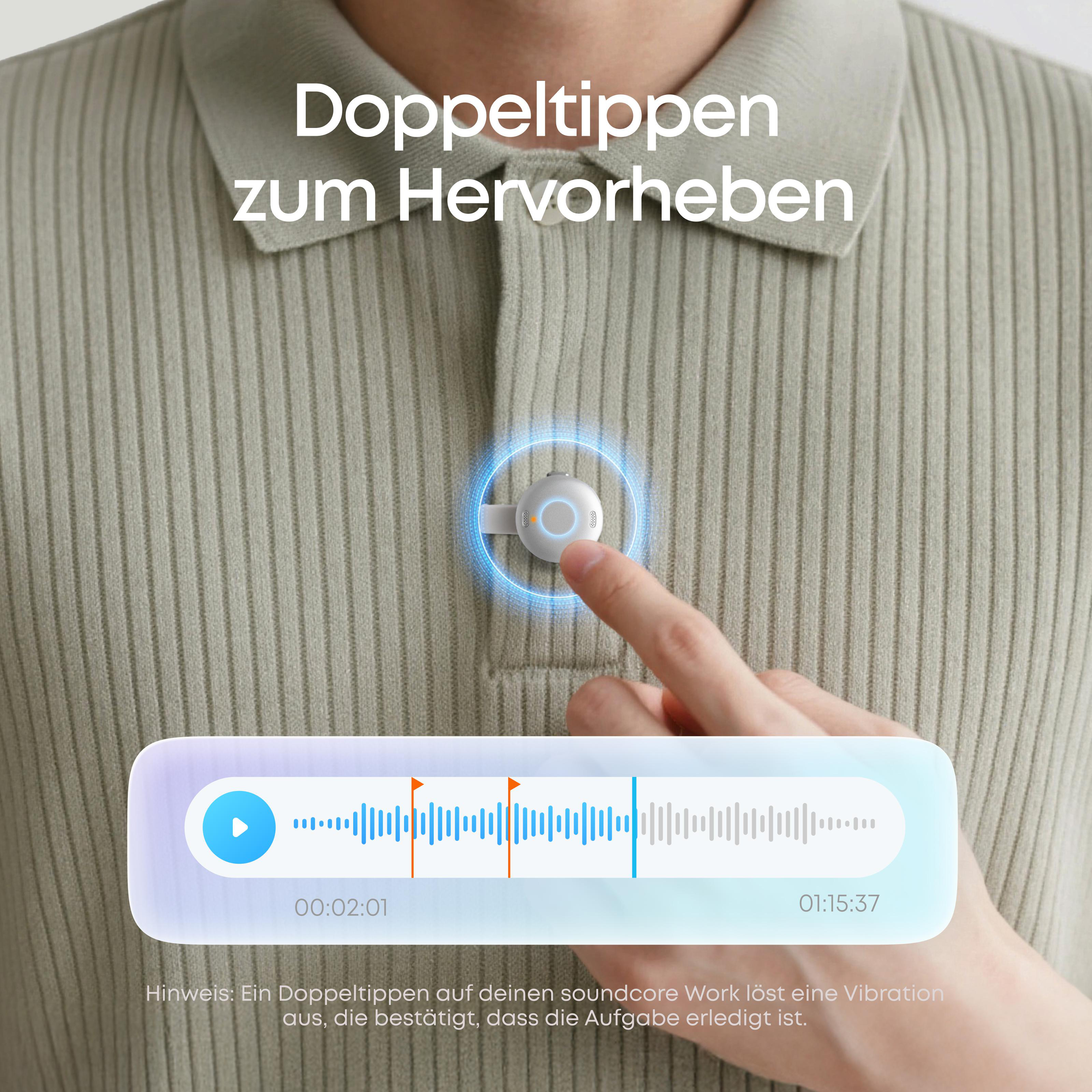 Ein Finger tippt auf ein kleines Gerät am Kragen. Zeigt eine Wellenform.