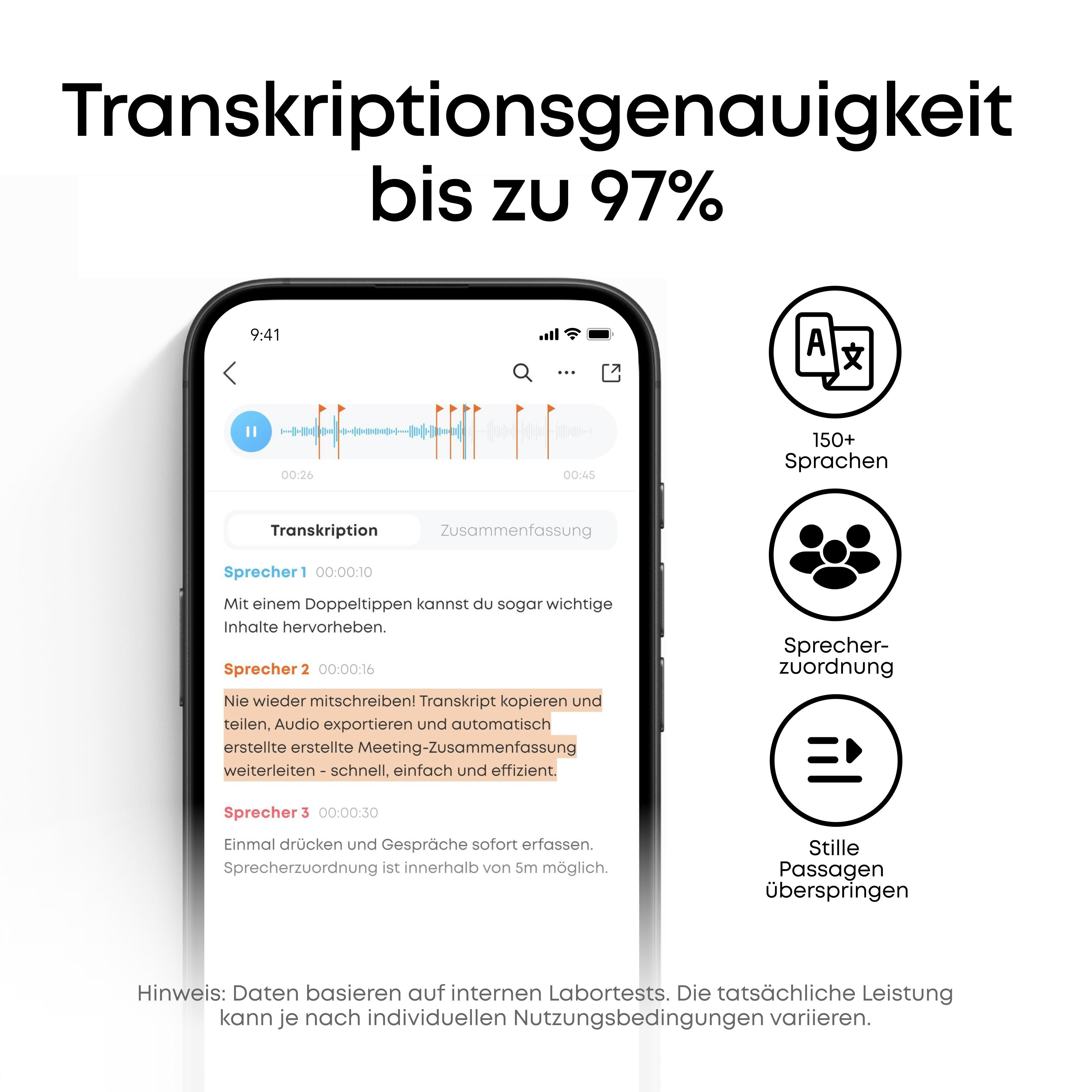 App zeigt Transkription mit Sprechern, Zeitstempeln und Icons für Sprachen und Zuordnung.