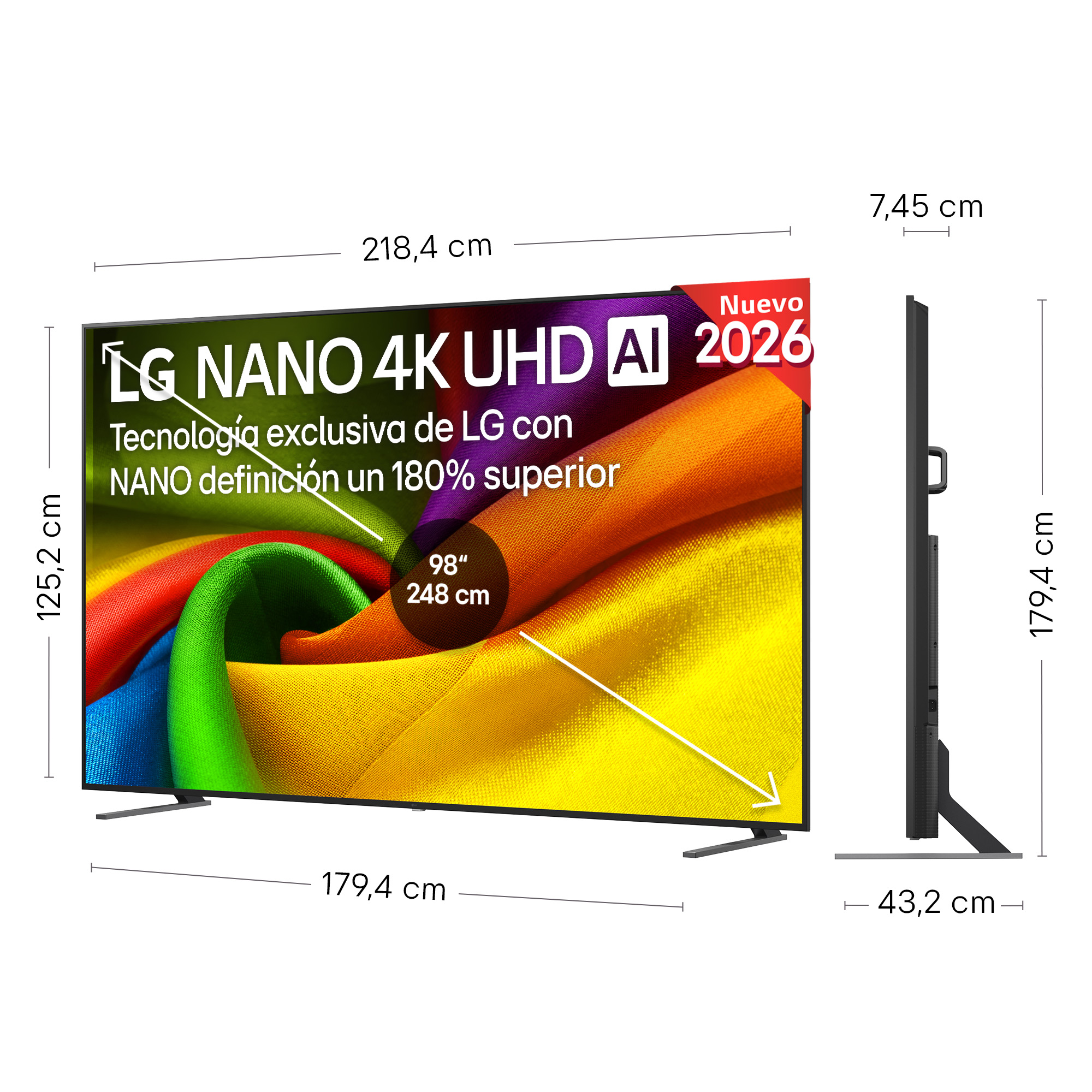 TV LG 4K UHD de 218,4 cm de ancho, 125,2 cm de alto y 7,45 cm.