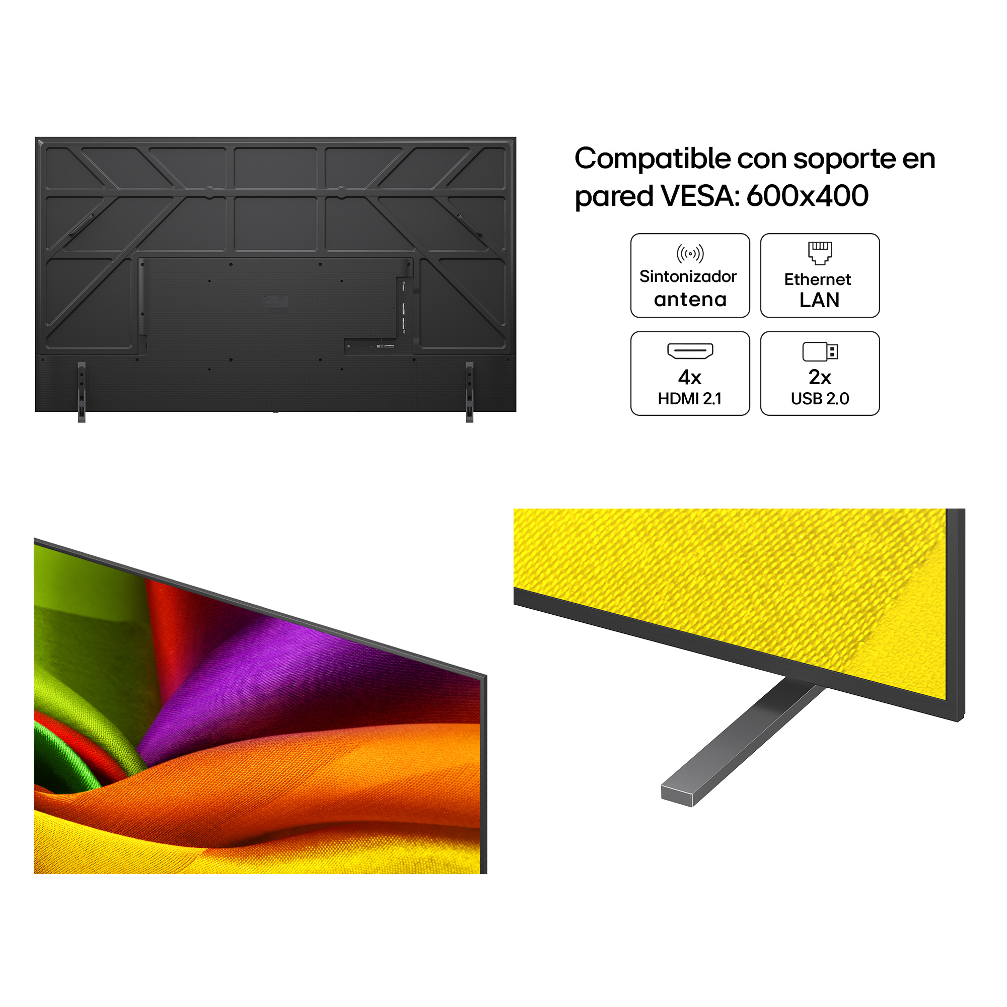 Parte trasera de TV con puertos, compatible con soporte VESA 600x400.