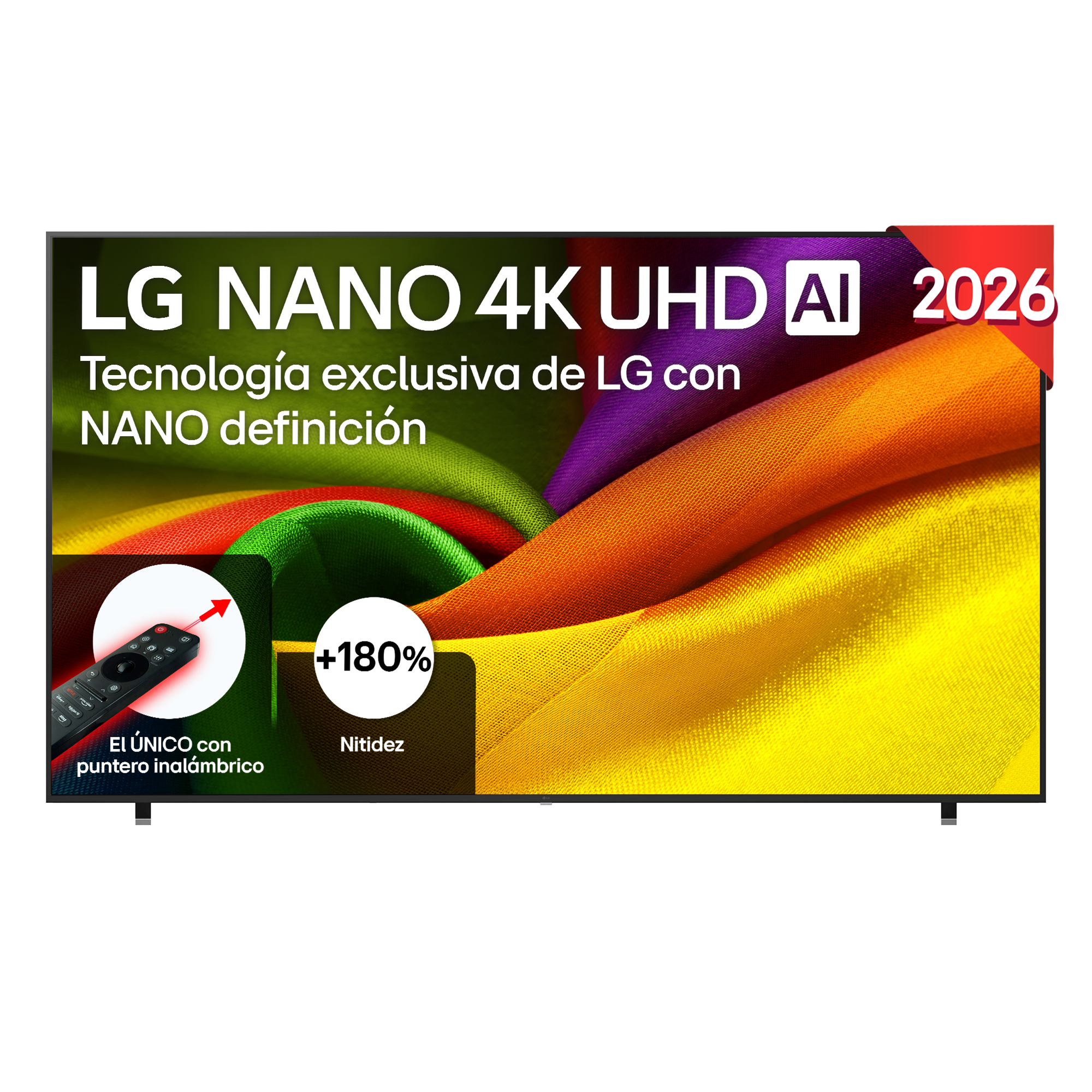 LG 4K UHD Nano TV con mando y fondo degradado colorido.