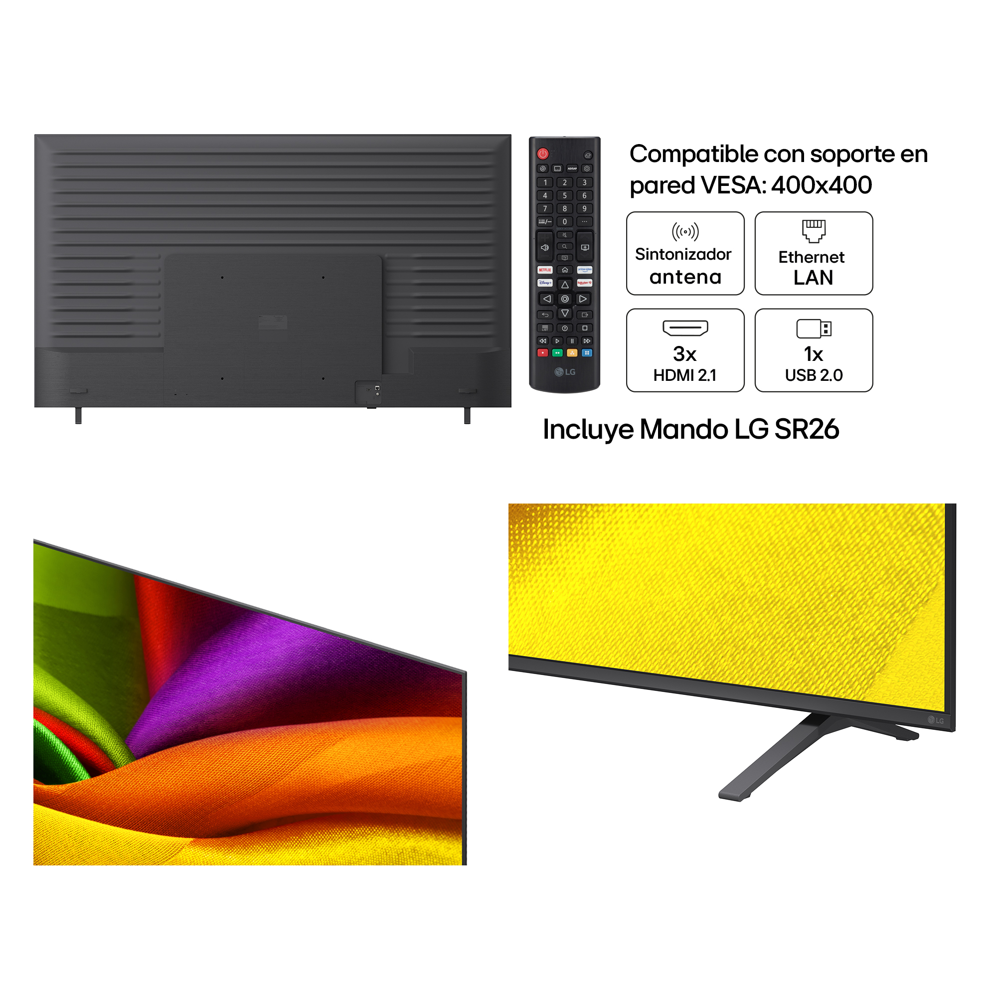 Parte trasera TV, mando, puertos y telas coloridas. Soporte VESA 400x400.