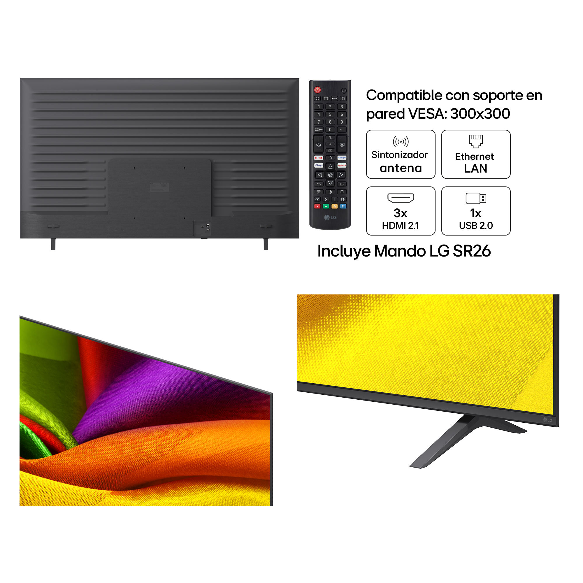 TV LG con mando, VESA 300x300, 3x HDMI 2.1, 1x USB 2.0.