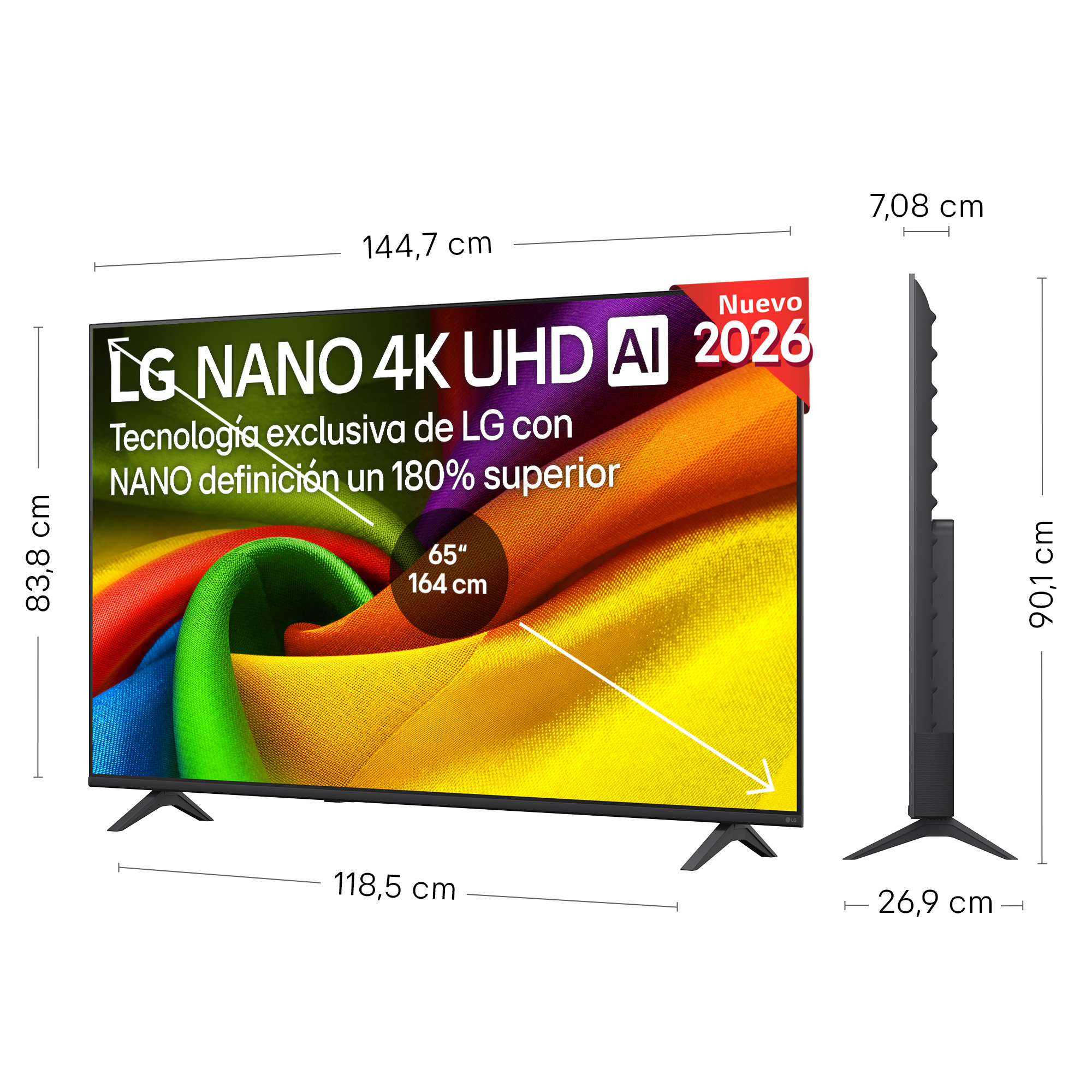 TV LG Nano 4K UHD de 65 pulgadas con IA y medidas.
