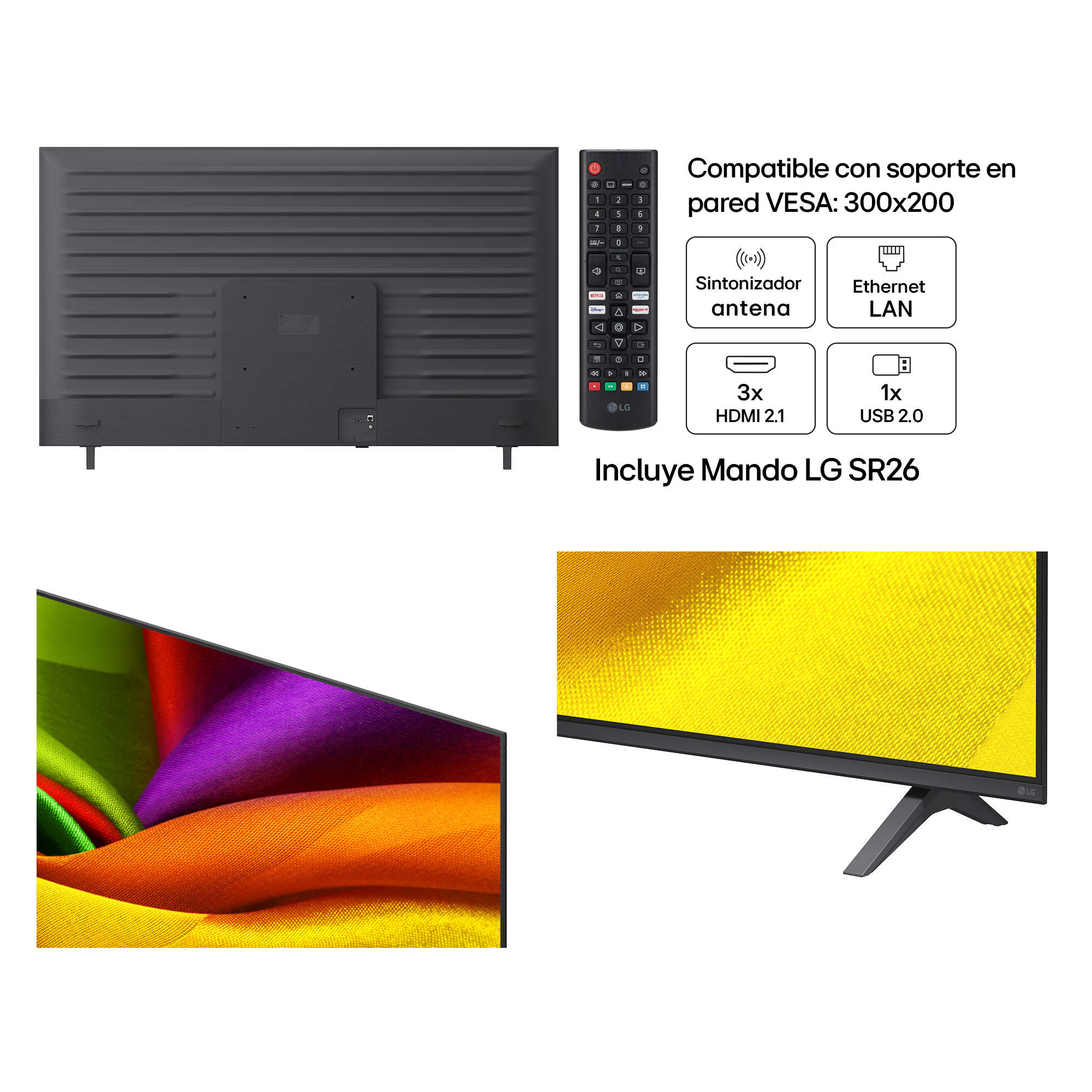 Parte trasera TV LG, mando y puertos: VESA 300x200, 3x HDMI, 1x USB