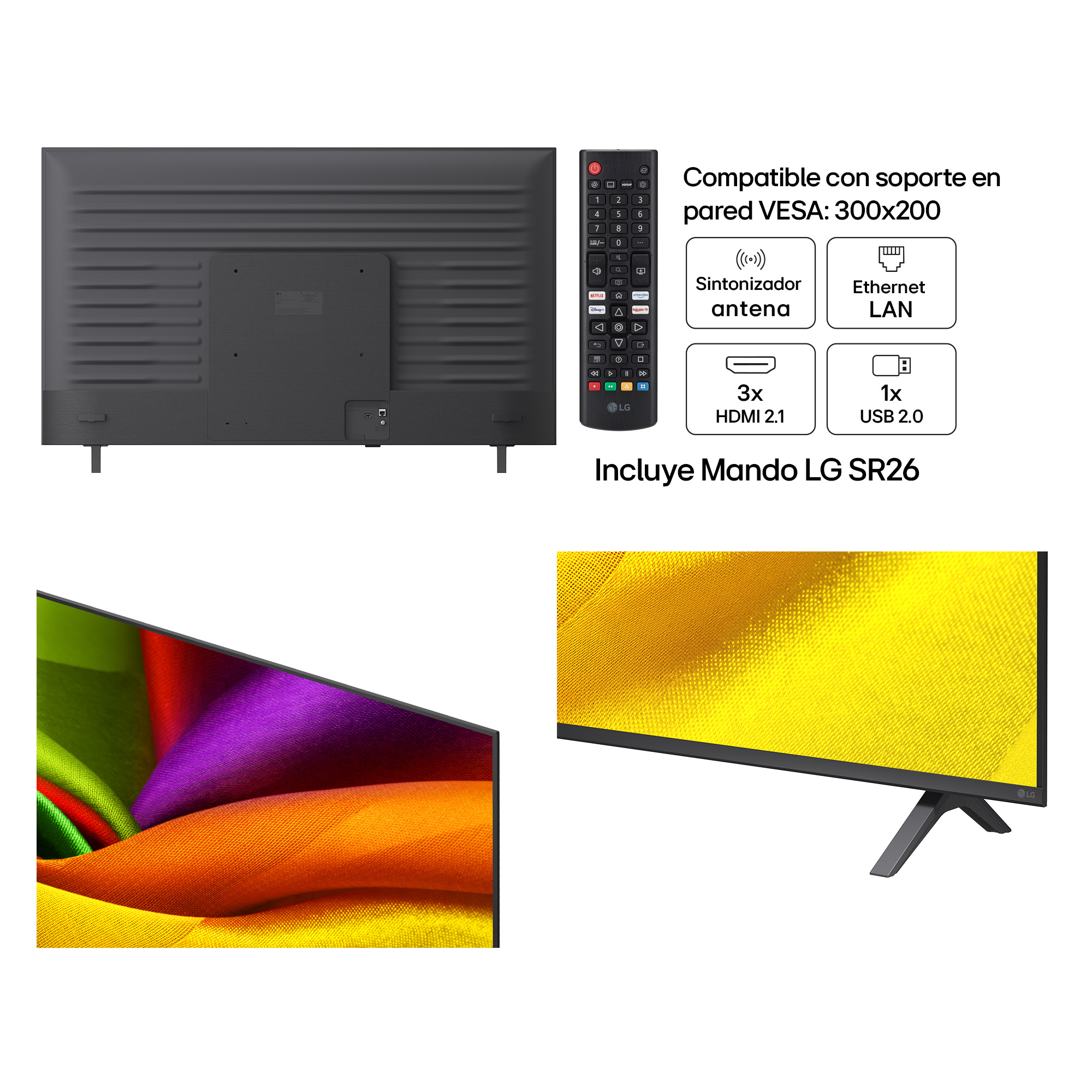 Parte trasera de un televisor con mando y detalles de conexión.