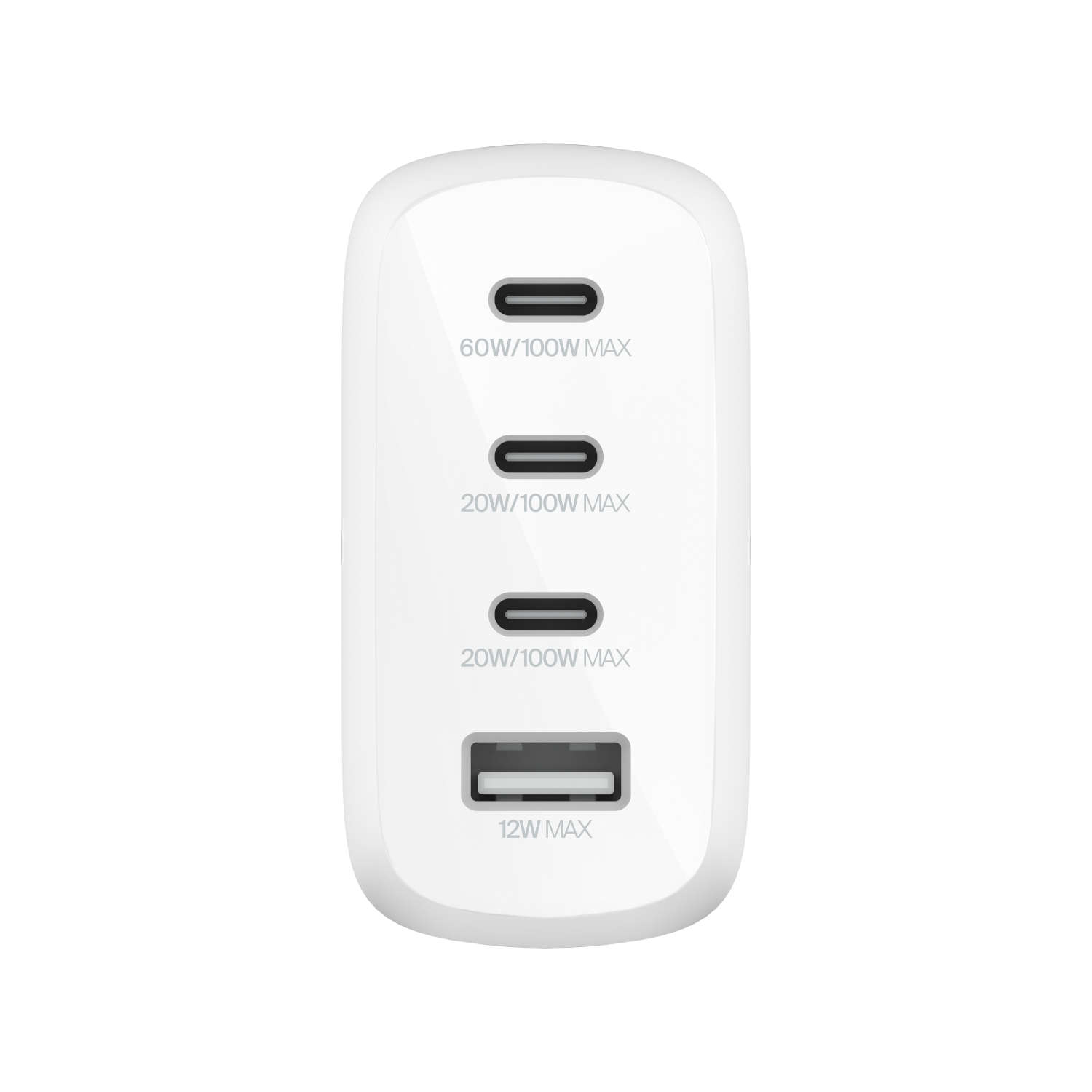 Cargador blanco con 3 puertos USB-C (60W/100W máx.) y 1 puerto USB-A (12W máx.).