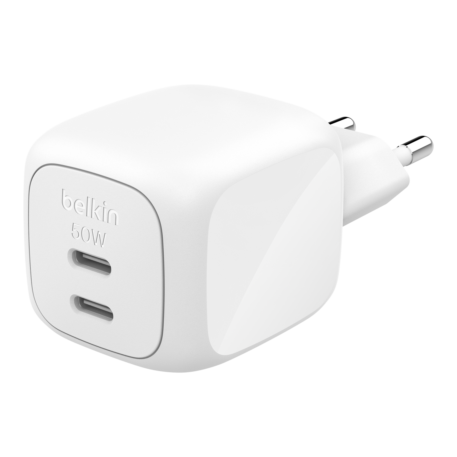 Cargador blanco Belkin 50W de doble puerto USB-C con enchufe UE.