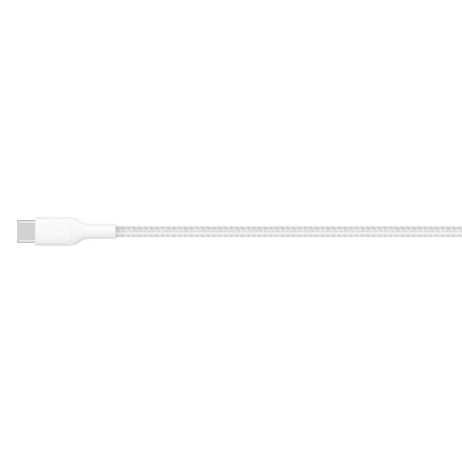 Un cable USB-C blanco con conector plateado y cordón trenzado.