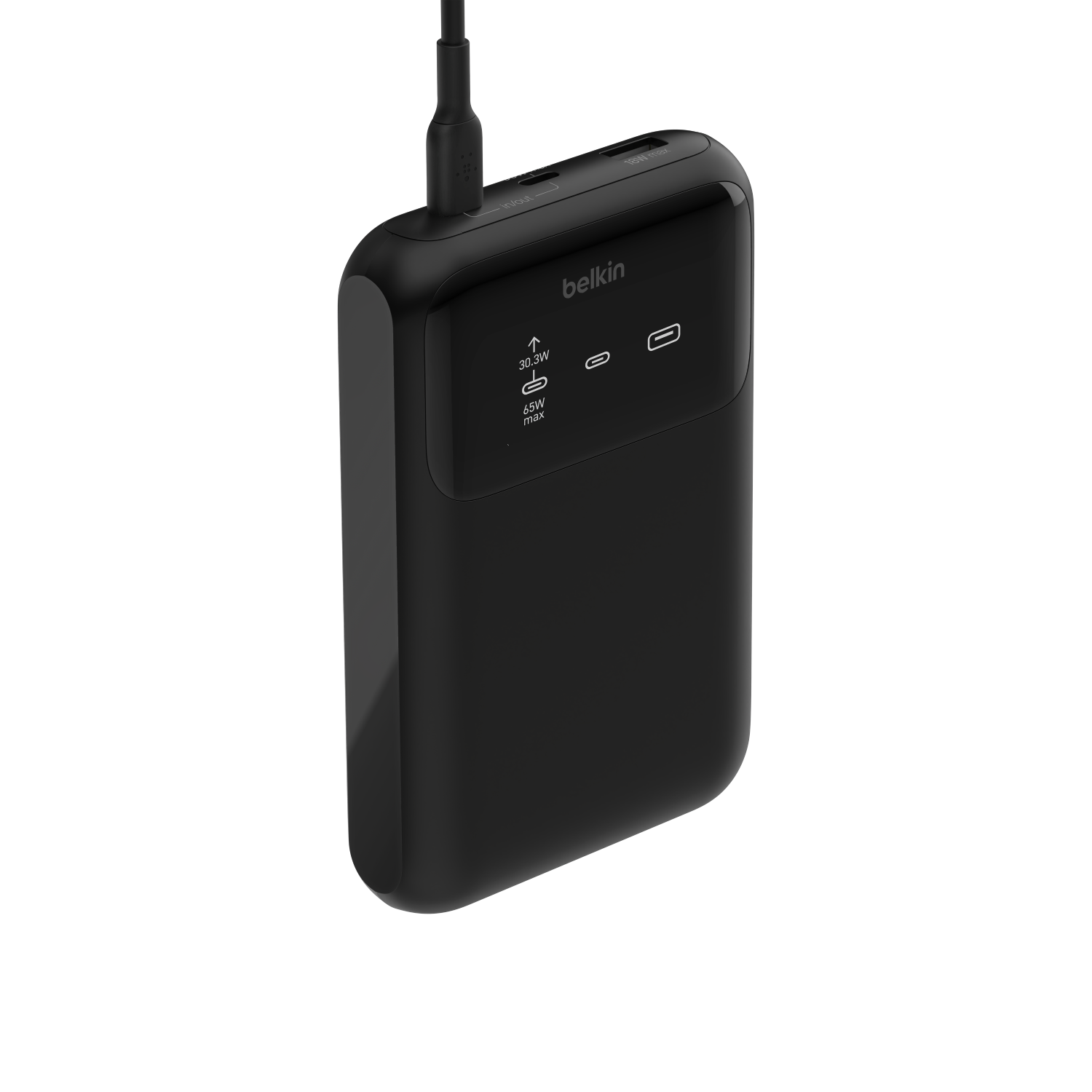 Batería externa Belkin negra con puerto USB-C y cable.