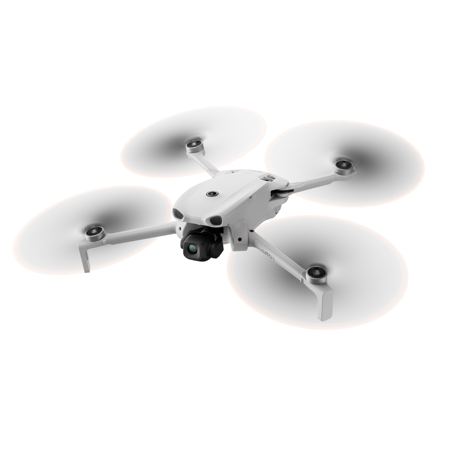 Un mini-dron blanco con cuatro álabes y una cámara flota en la oscuridad.