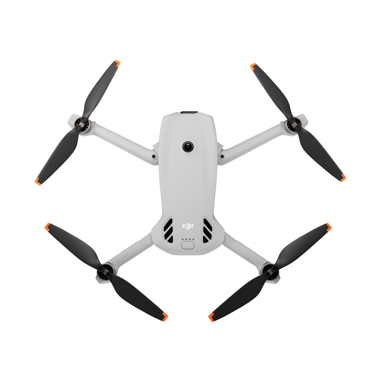 Un dron blanco con cuatro hélices negras y puntas naranjas sobre fondo negro.