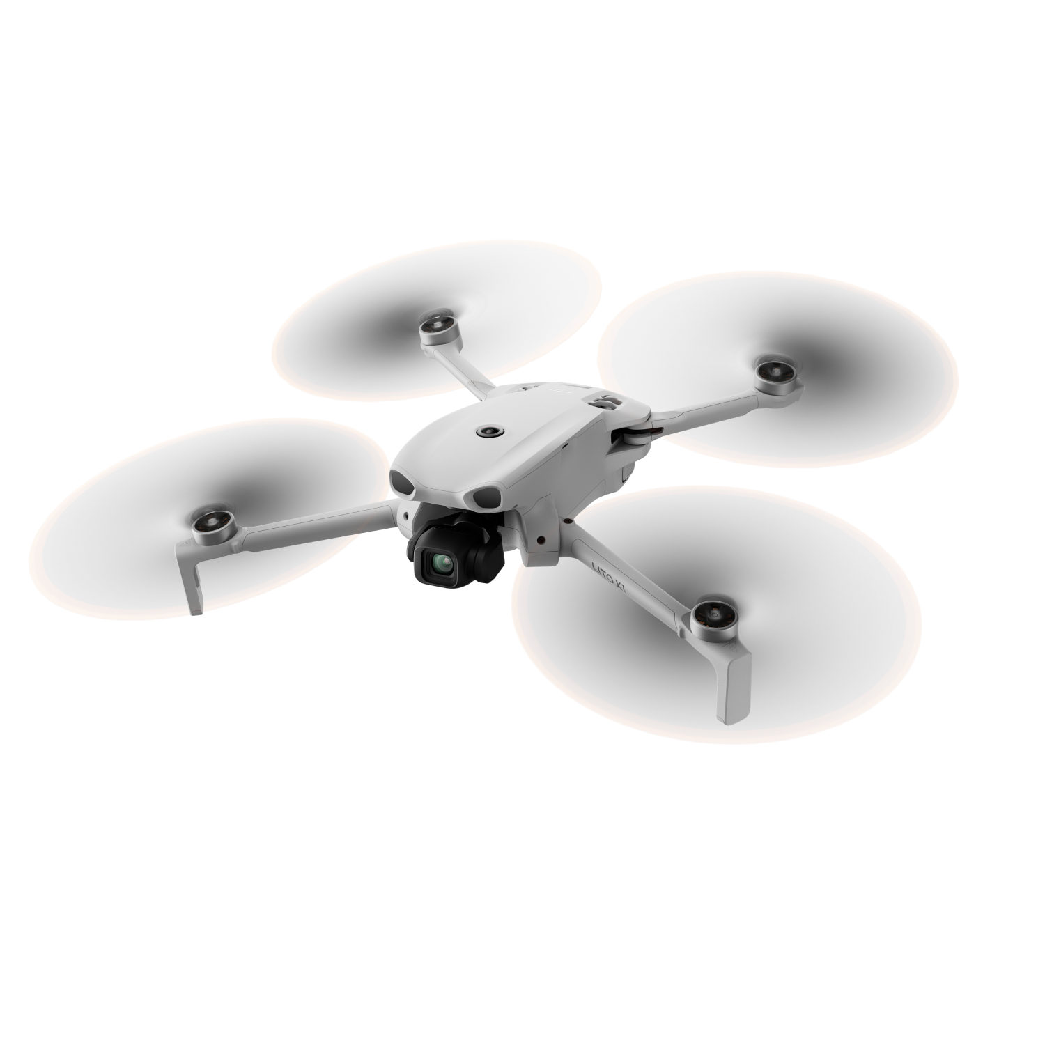 Un mini dron blanco con cuatro hélices y anillos naranjas.