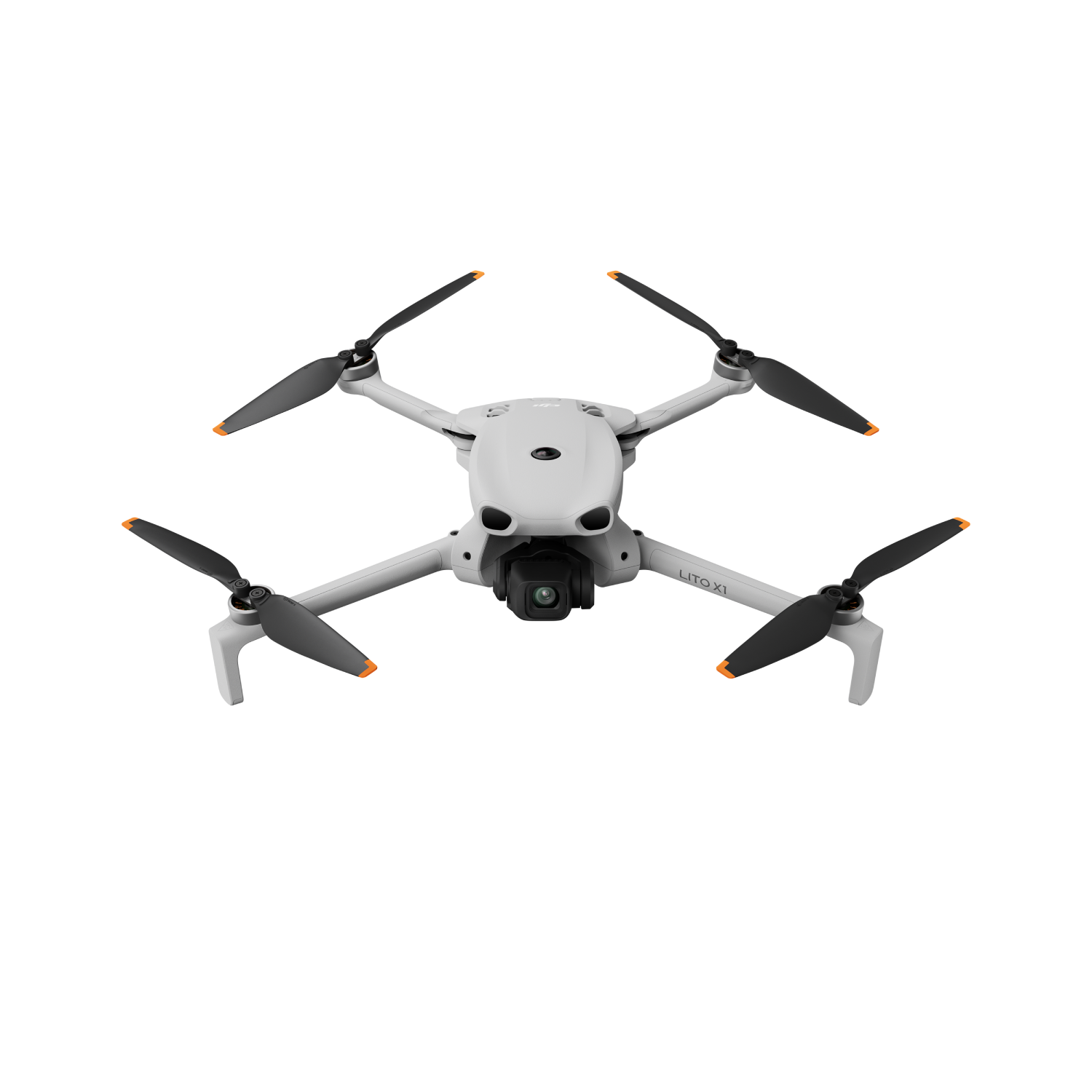 Un mini dron blanco con cuatro hélices y una cámara está volando.