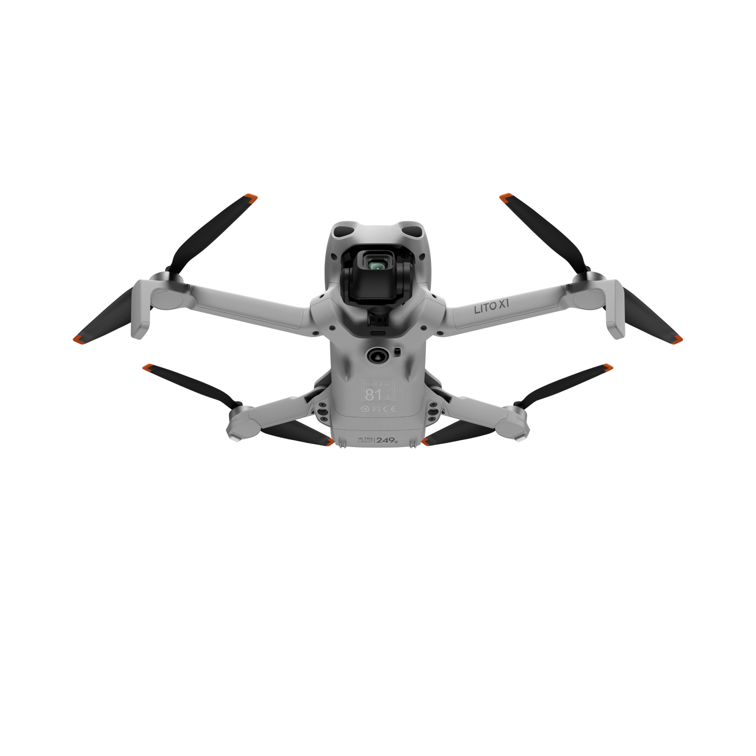 Un dron blanco con hélices de punta naranja se muestra sobre fondo negro.