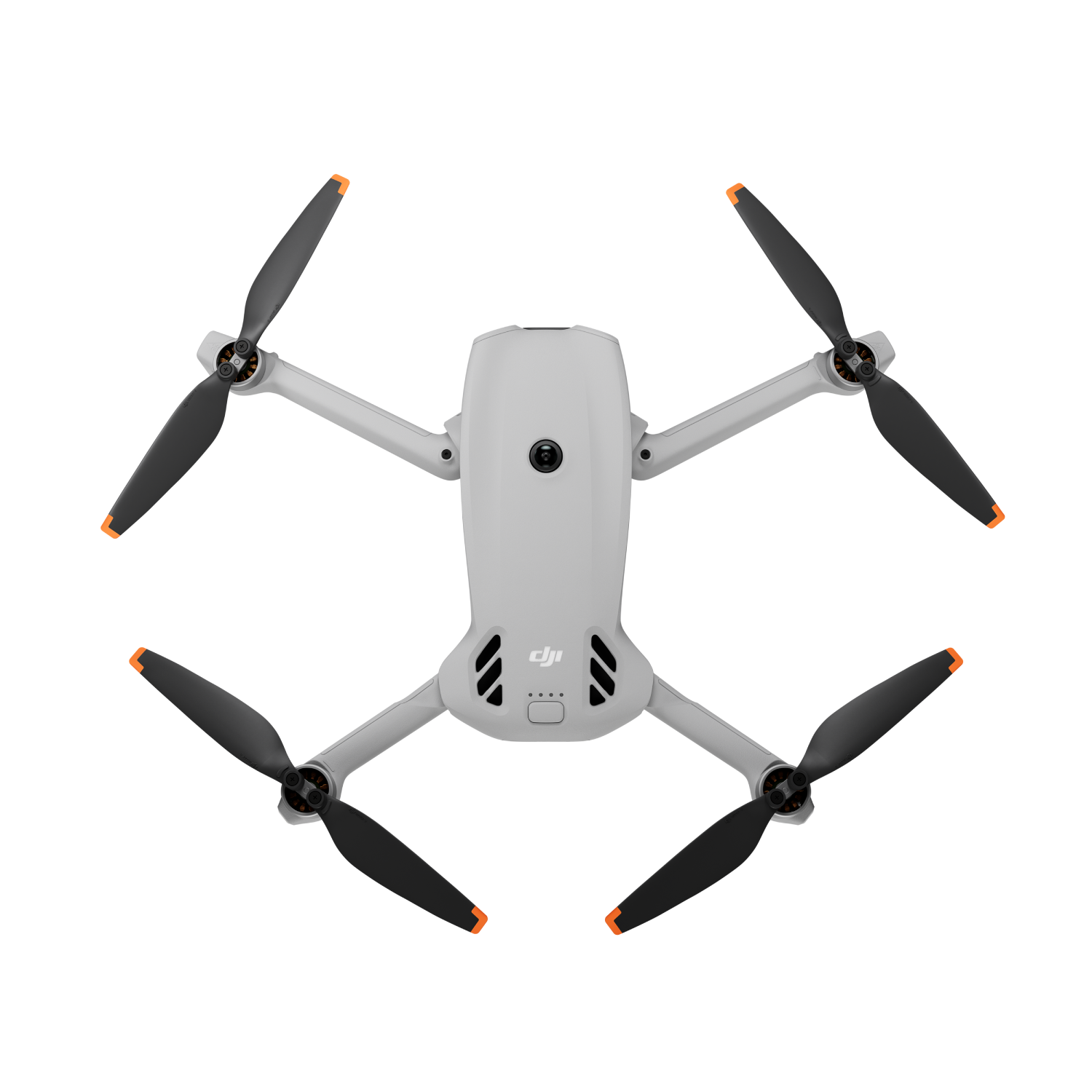 Un modelo de dron DJI gris con cuatro hélices y puntas naranjas sobre fondo negro.