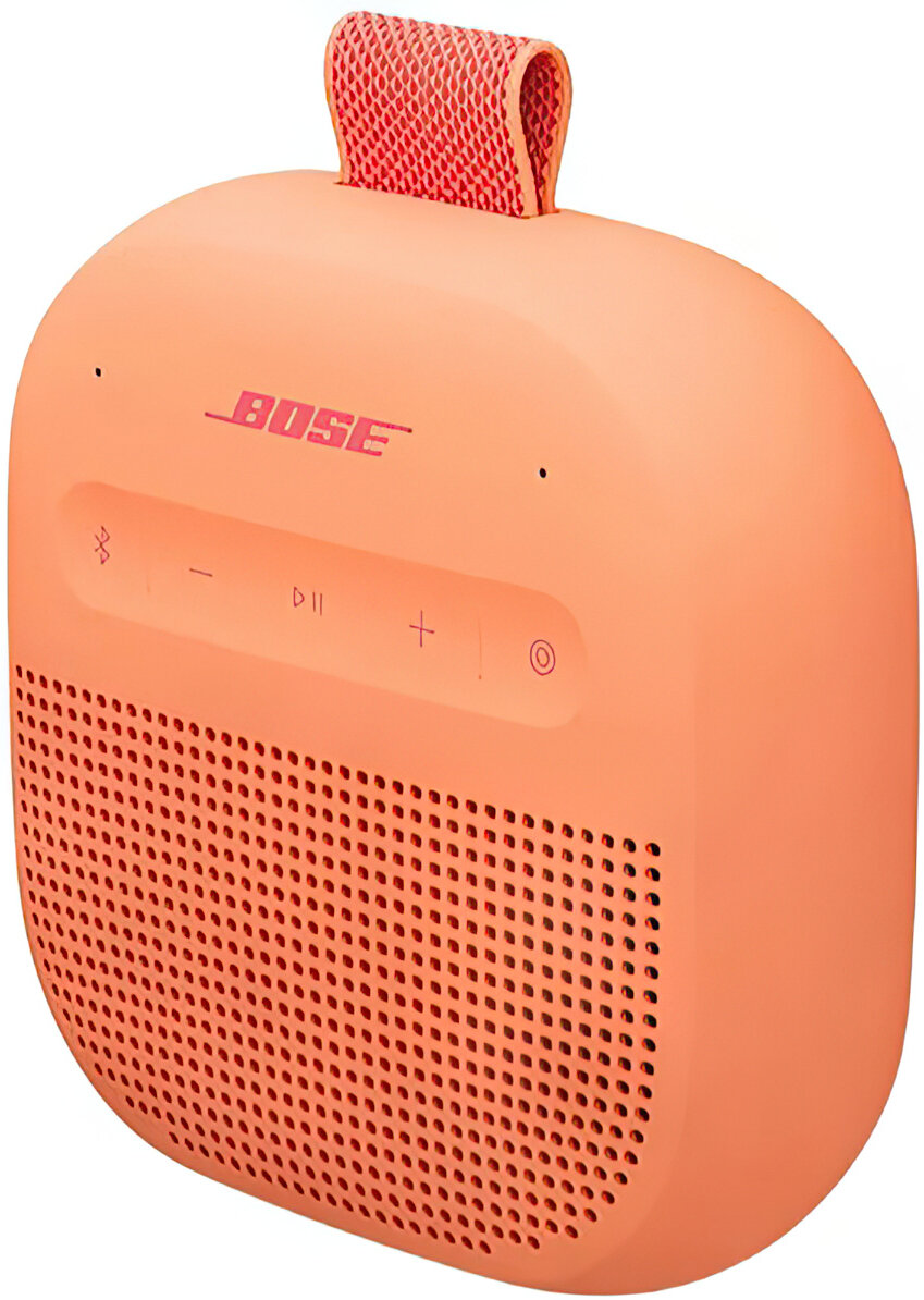 Koralowy głośnik Bose z siateczkowym uchwytem i przyciskami.