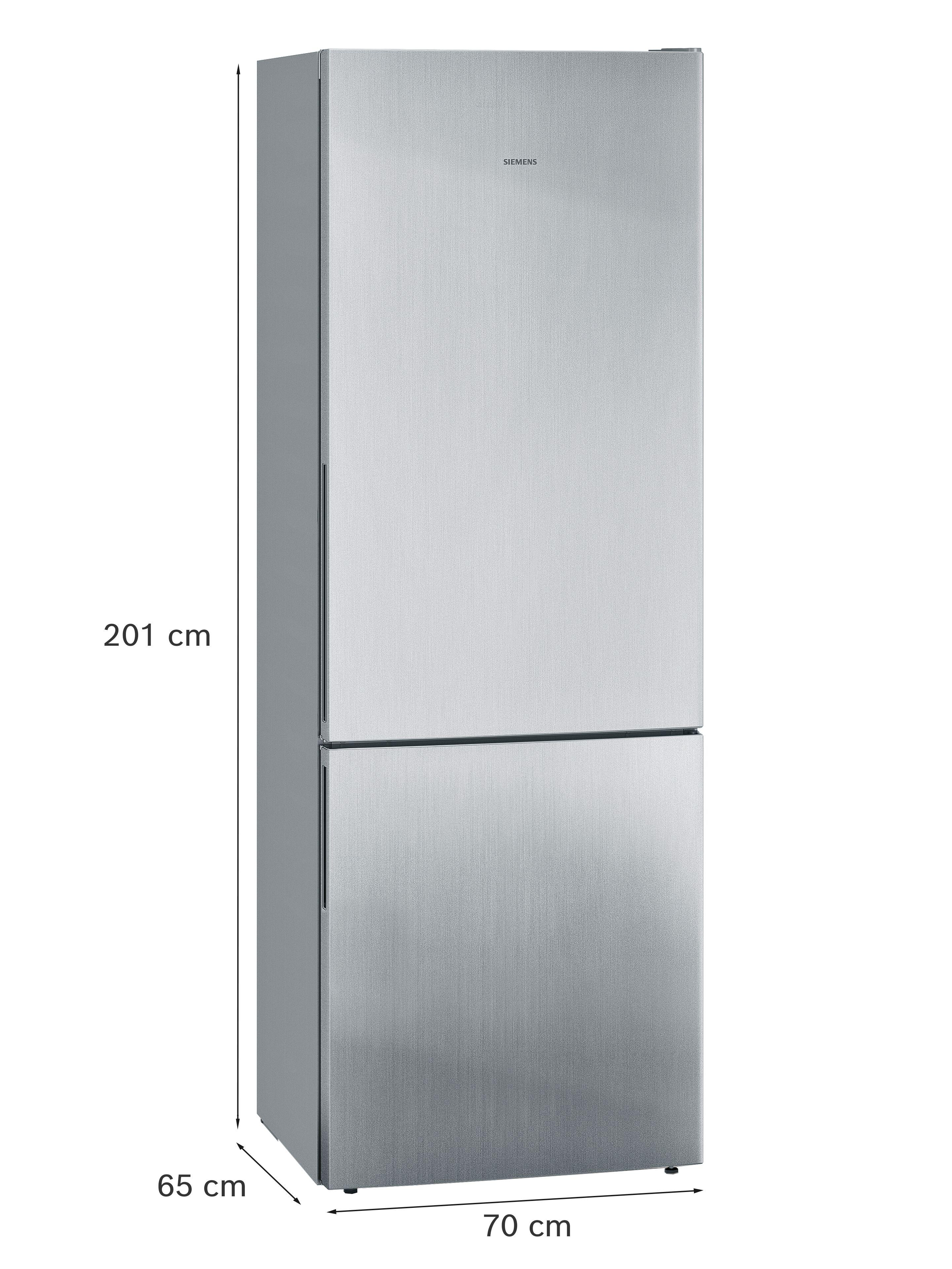 Ein silberner Siemens Kühlschrank mit zwei Türen, 201 cm hoch.
