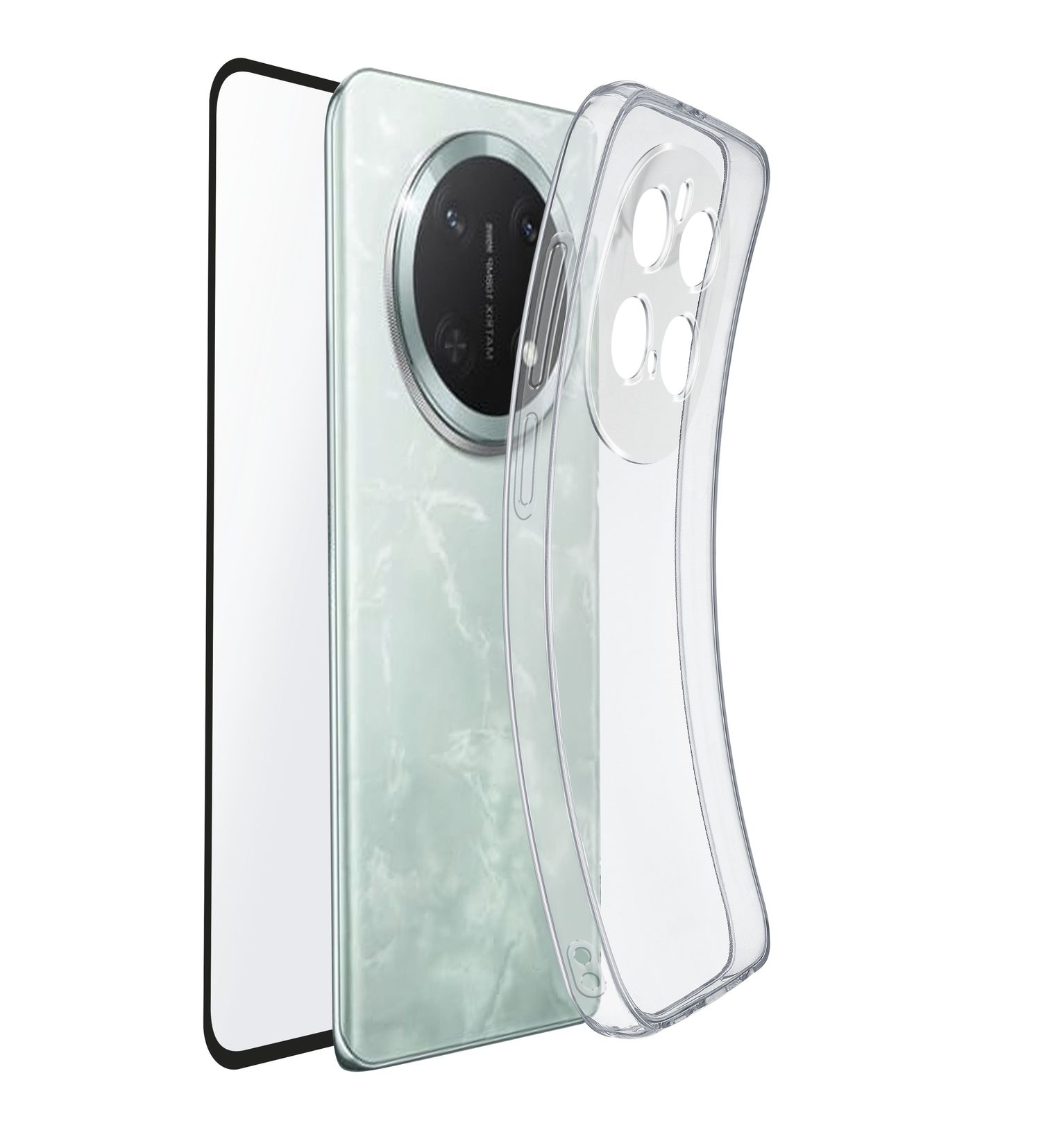 Ein durchsichtiger Handyhülle liegt neben einem Smartphone mit grüner Rückseite.