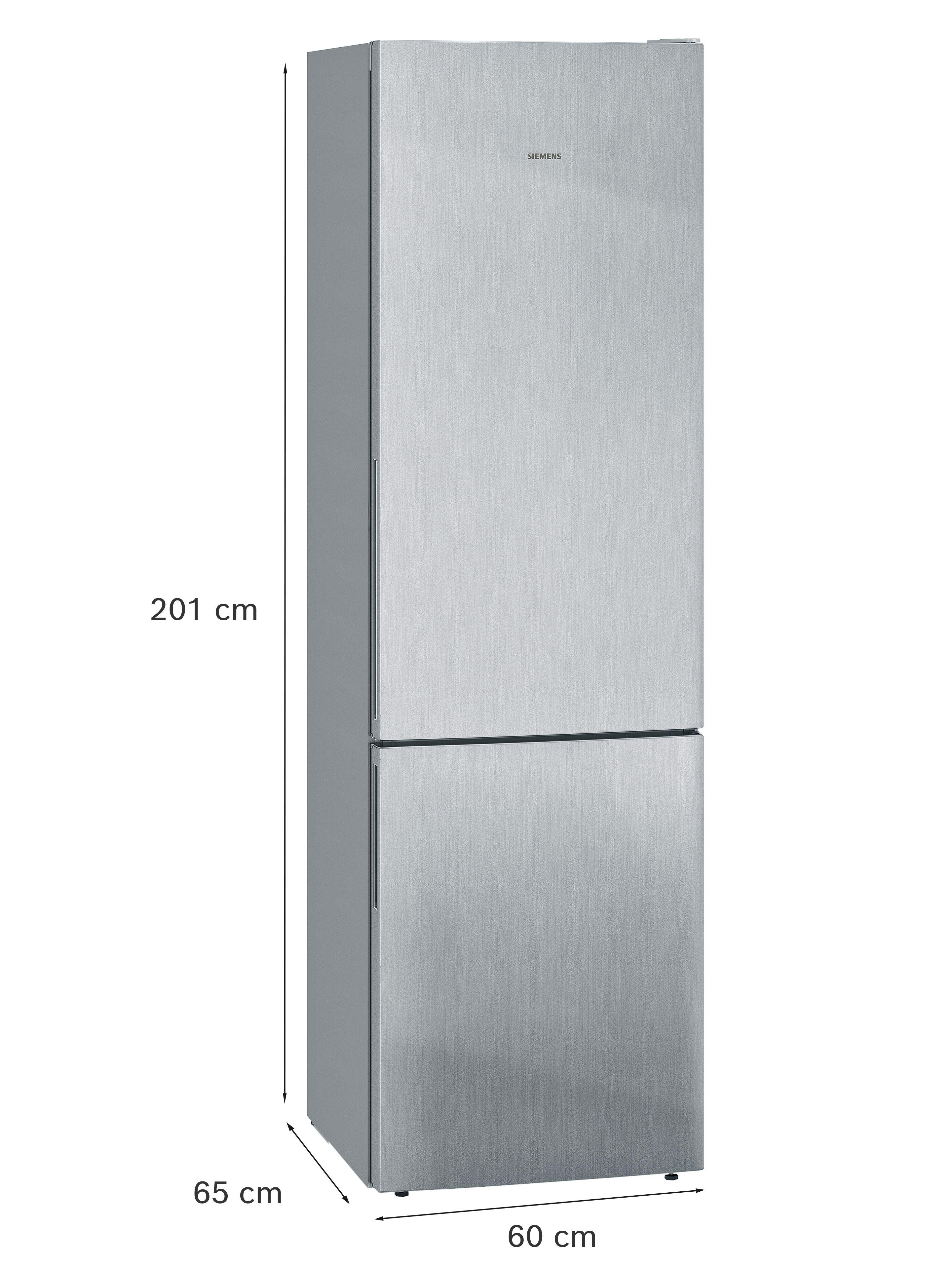 Ein silberner Siemens Kühlschrank mit zwei Türen, 201x65x60 cm.