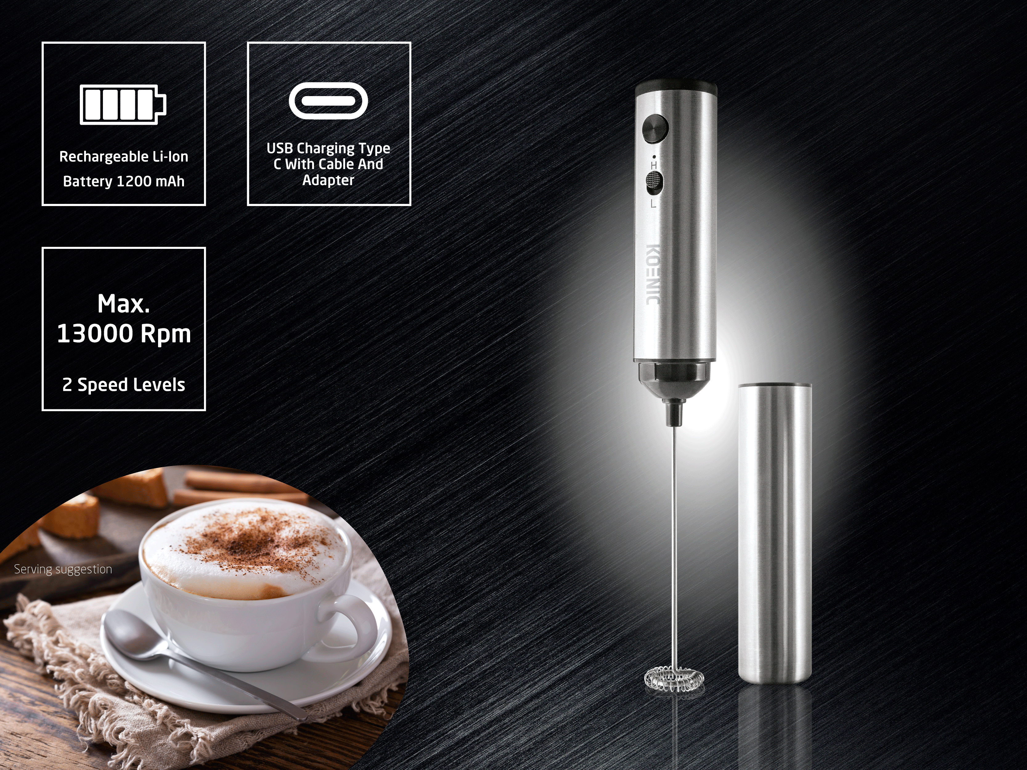Ein silberner Milchaufschäumer mit Zubehör und eine Tasse Cappuccino.