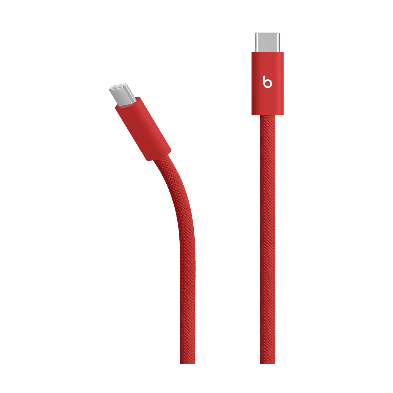 Due cavi USB-C rossi con logo Beats su sfondo bianco.