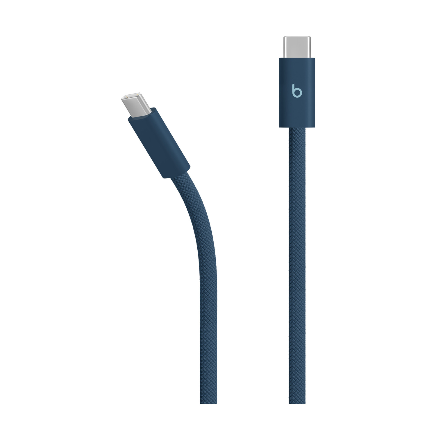 Un cavo USB-C blu con logo 'b' e connettori argentati.