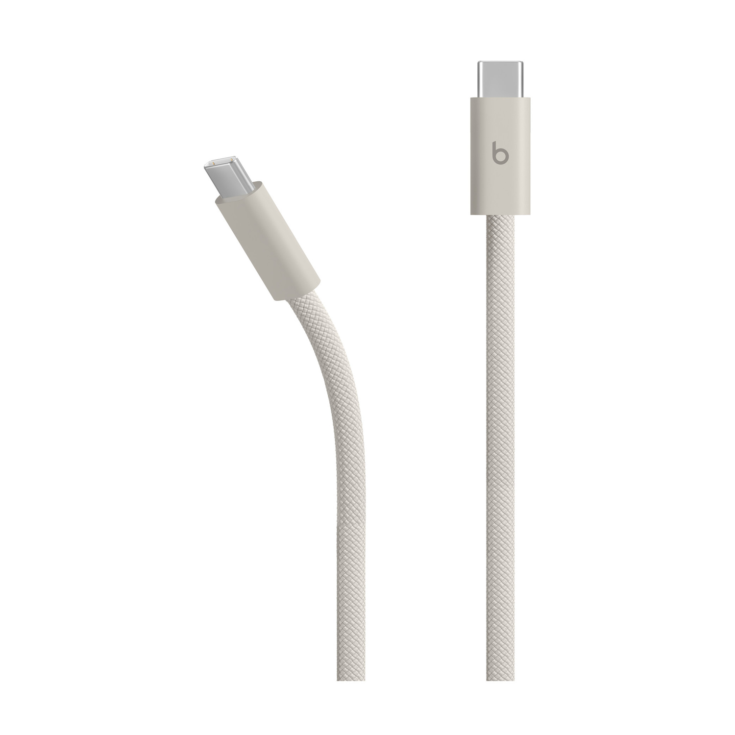 Un cavo USB-C bianco con logo "b" e connettori argentati.