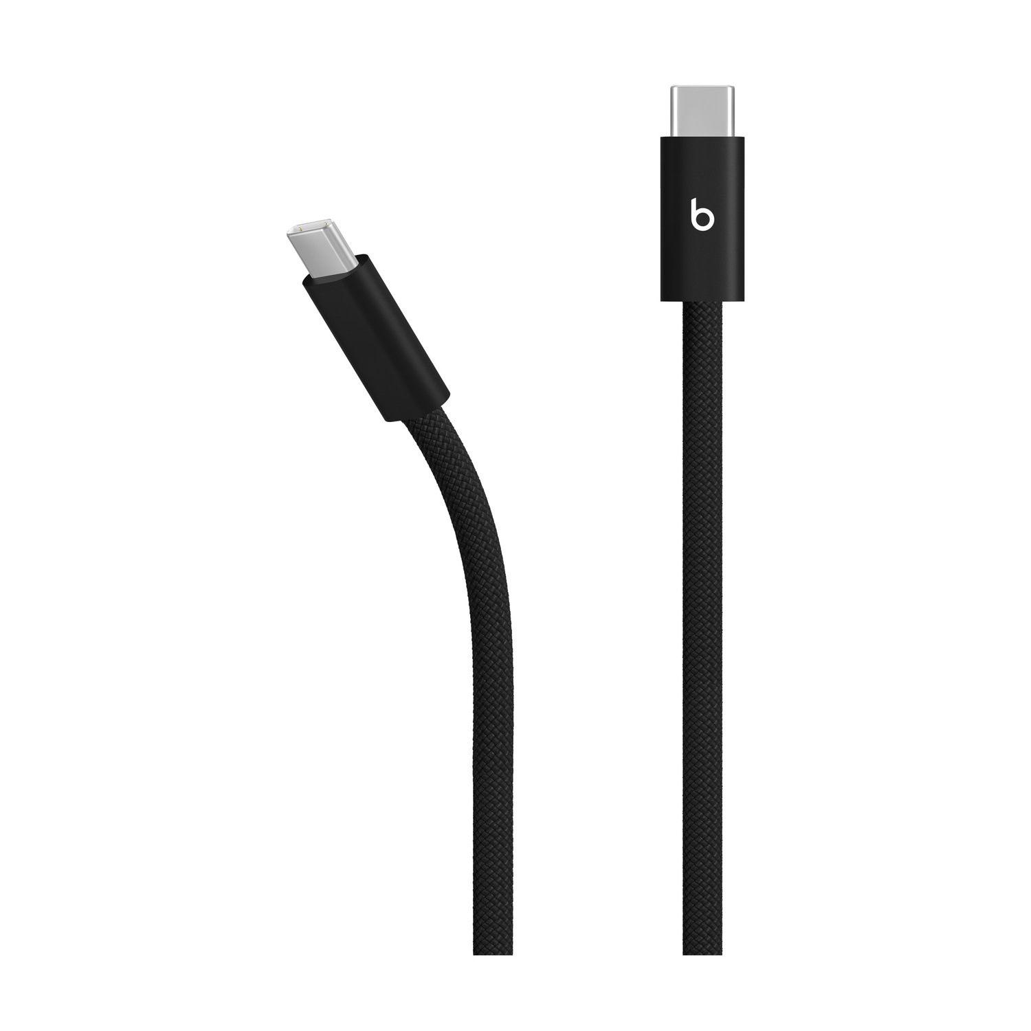 Due cavi USB-C neri intrecciati con connettori argentati. Uno è curvo.