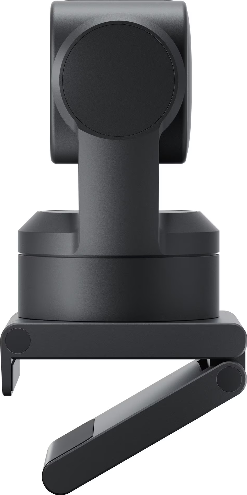 Uno stabilizzatore gimbal nero con bracci articolati e supporto superiore rotondo.