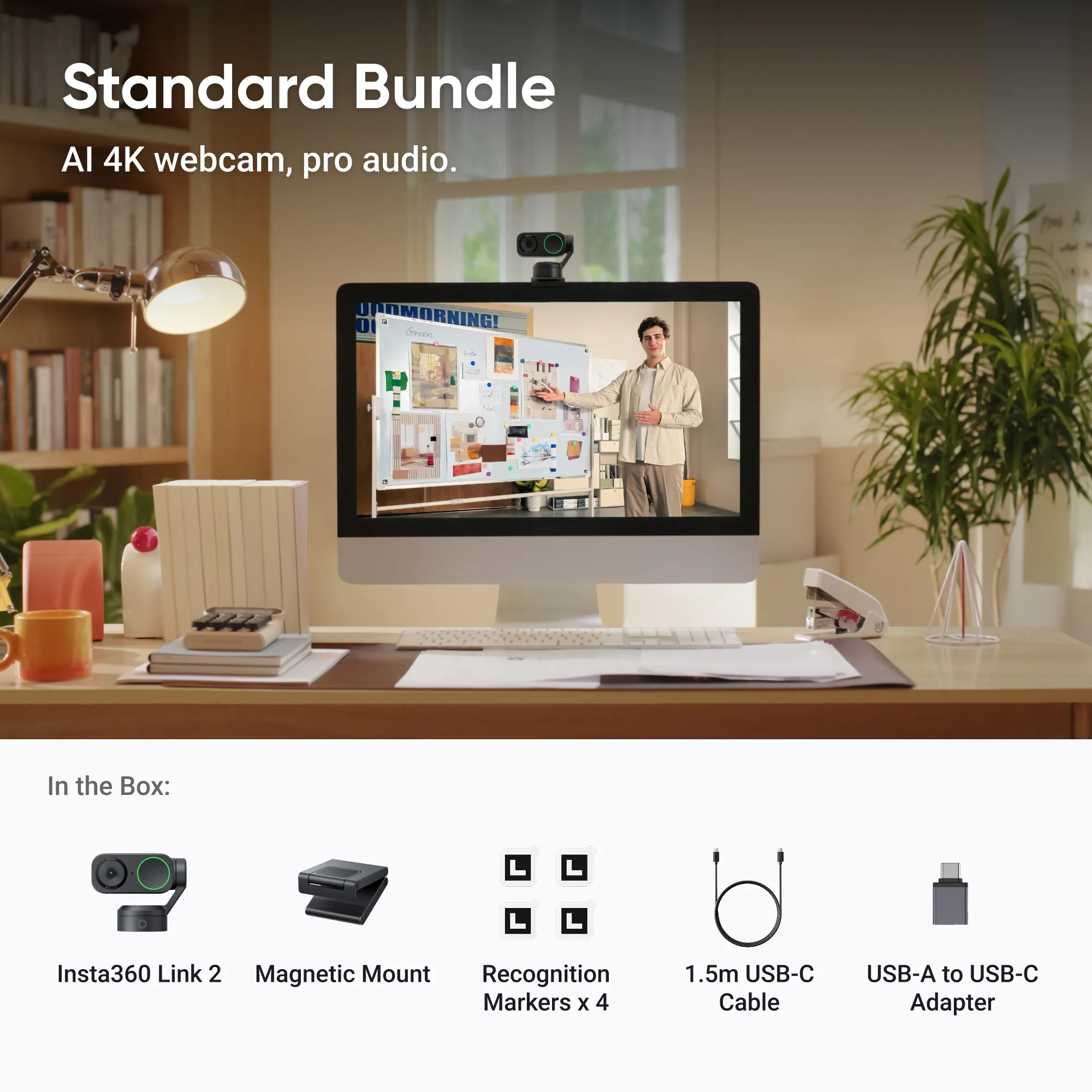 Bundle Standard: Webcam IA 4K, audio pro. Include Insta360 Link 2, supporto, marker, cavo, adattatore.
