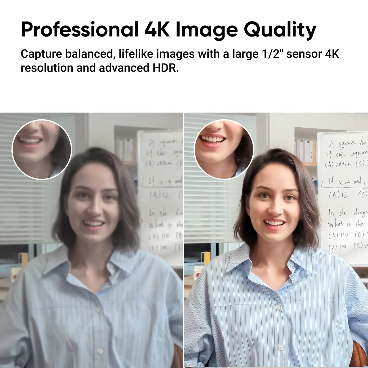 Due immagini affiancate mostrano una donna sorridente. La sinistra è pixellata, la destra è 4K chiara.