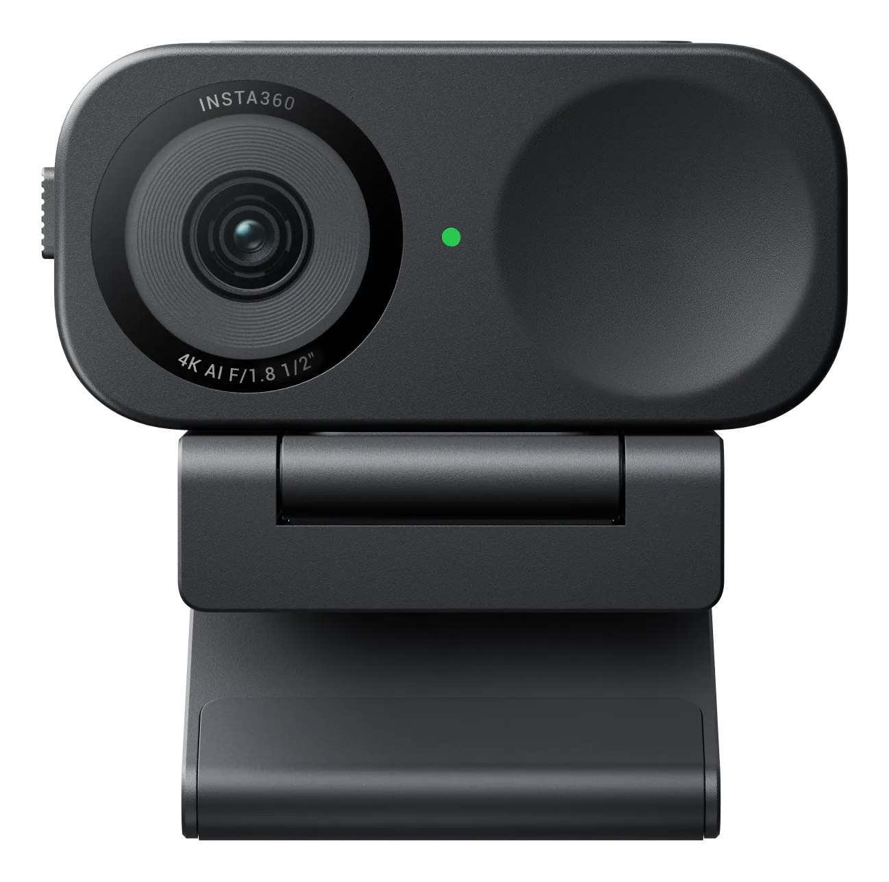 Eine schwarze Insta360 Webcam mit 4K AI F/1.8 1/2 Objektiv und grüner LED.