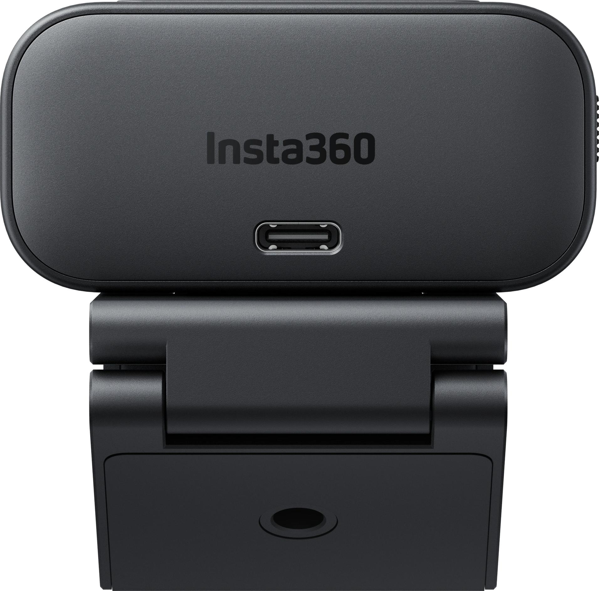 Schwarzes Insta360-Gerät mit USB-C-Anschluss und Gelenkstativ.