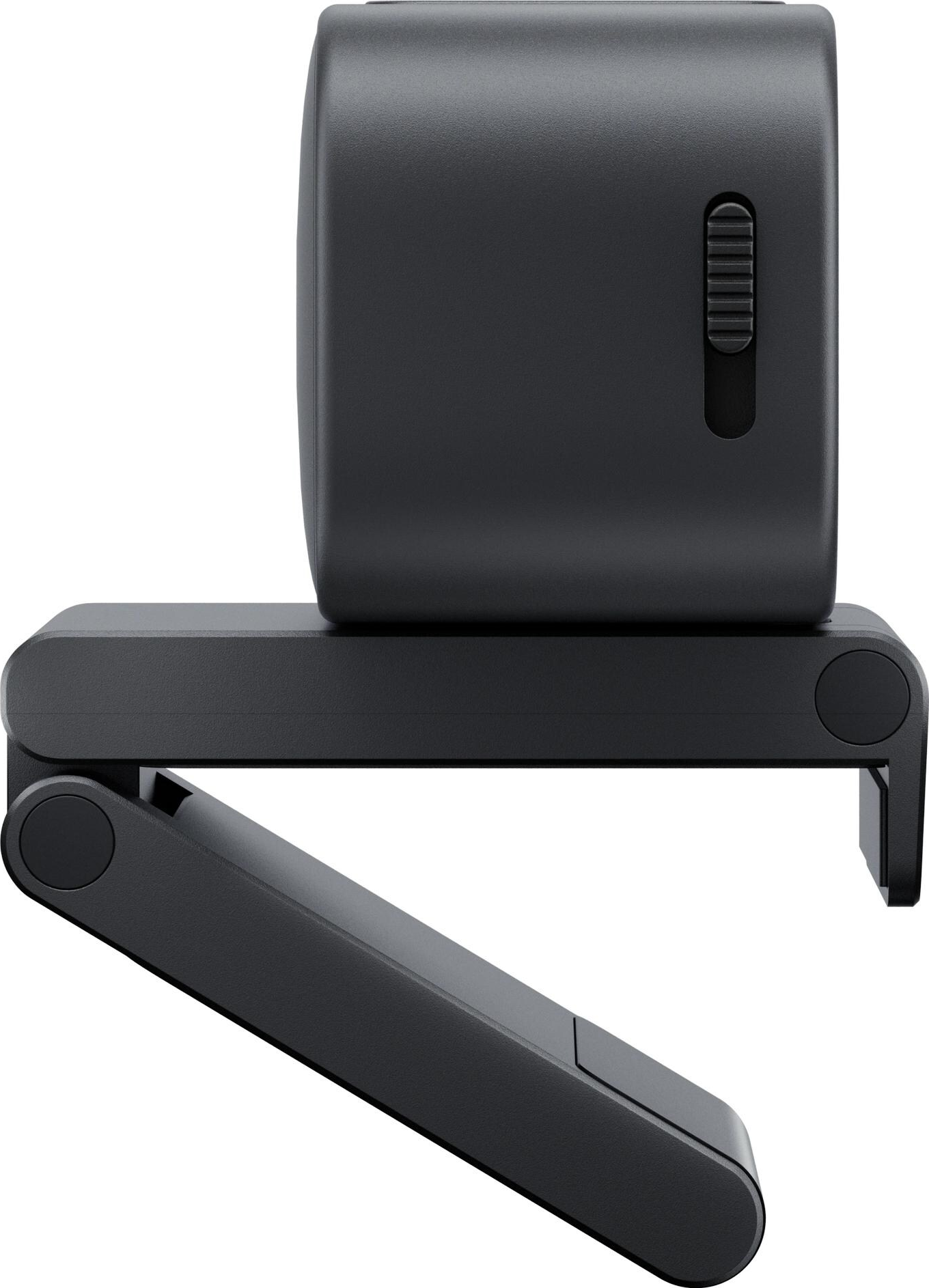 Eine schwarze Webcam mit verstellbarem Arm und Regler. Weißer Hintergrund.