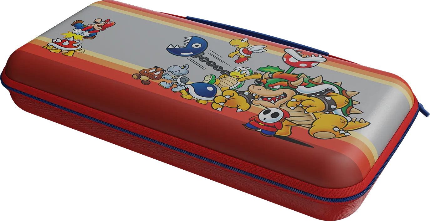 Étui rouge Nintendo Switch avec personnages Mario, Bowser et Goomba.