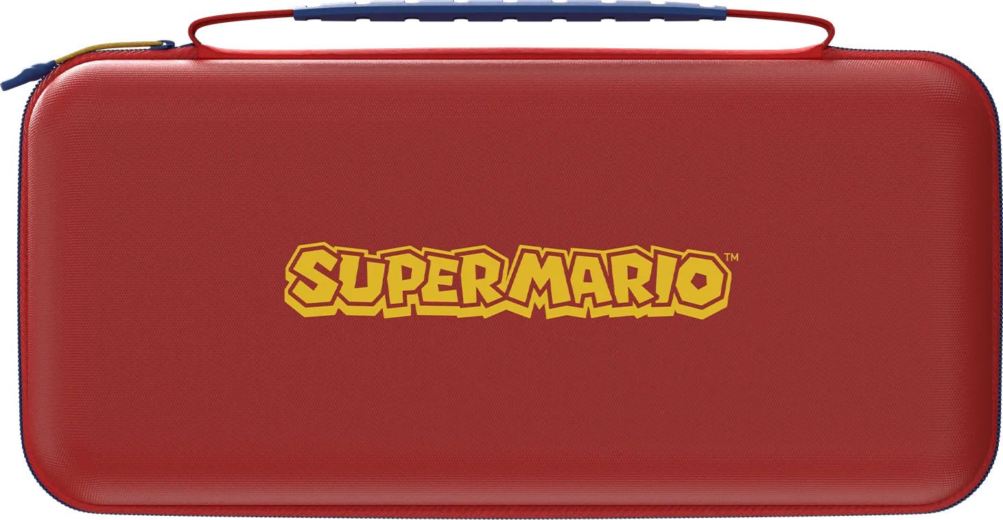 Étui rouge Super Mario avec logo jaune et fermeture éclair bleue.
