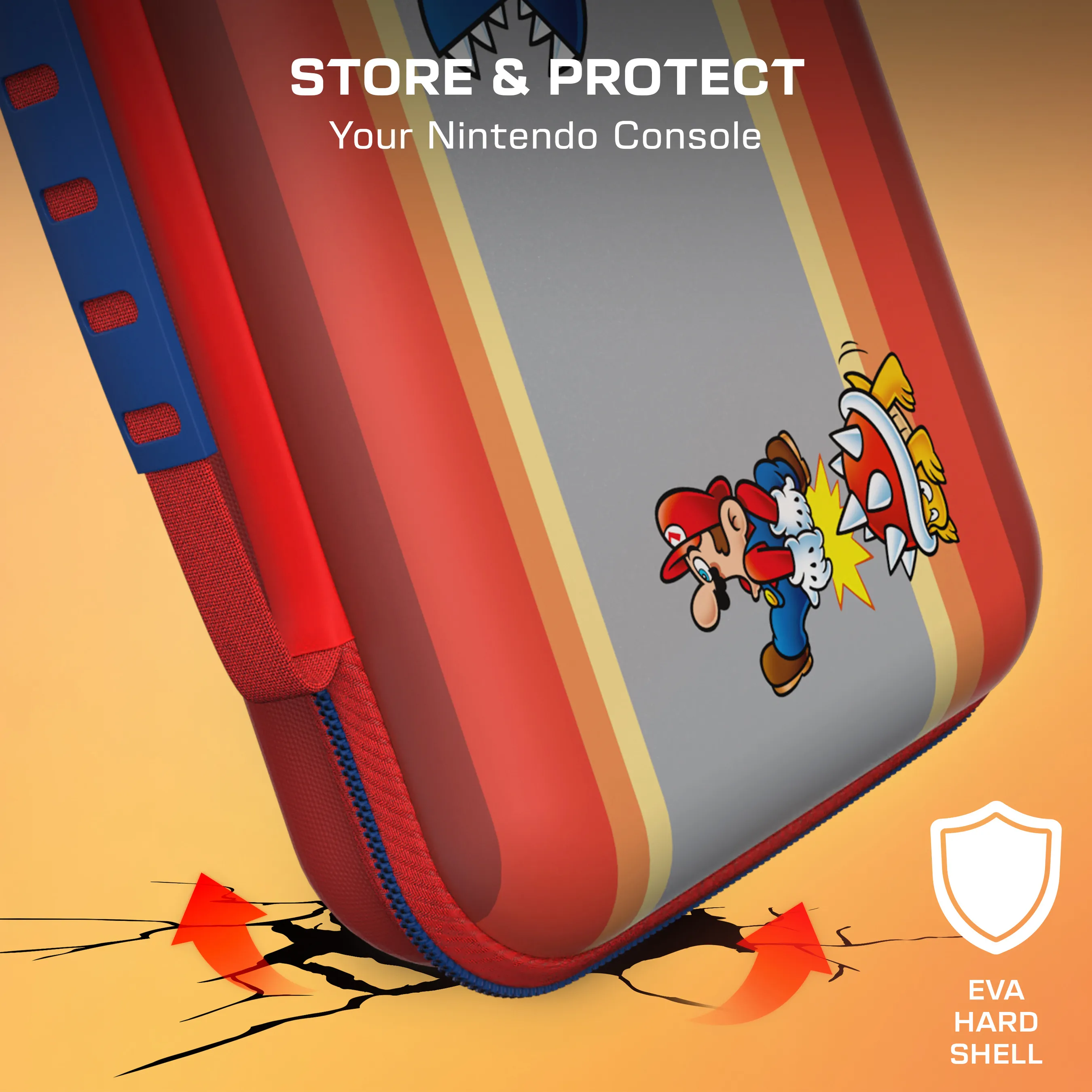 Mario attaque une carapace de Koopa Troopa sur un étui rouge et gris.