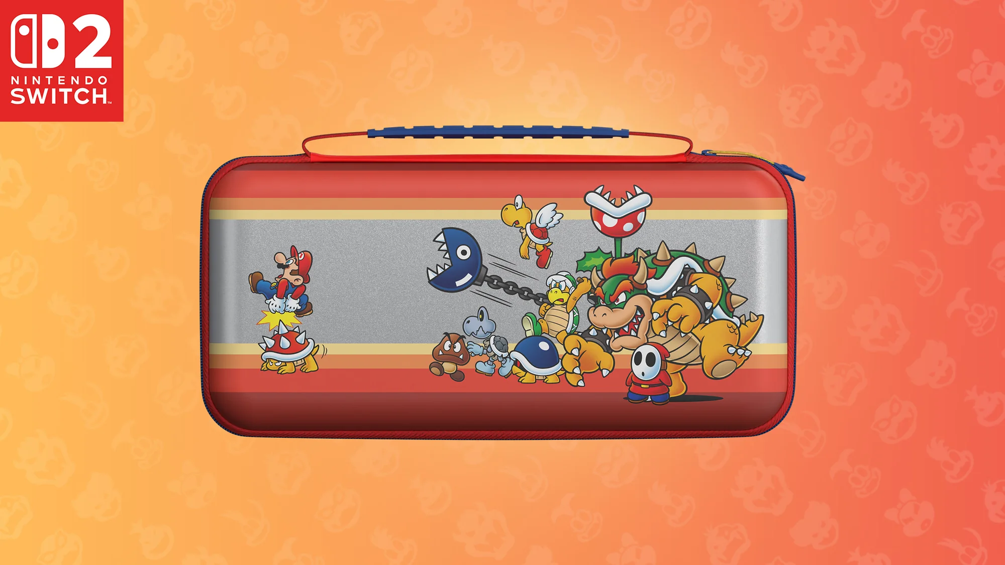 Étui Nintendo Switch avec personnages Mario : Mario, Bowser, Goomba, Shy Guy, Chain Chomp.