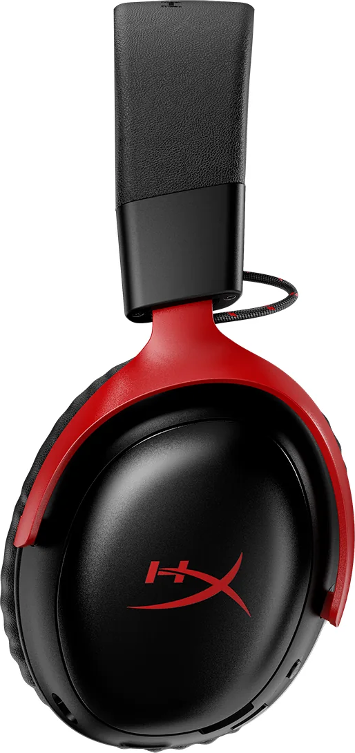 Schwarzer Kopfhörer mit rotem Bügel und rotem Logo.