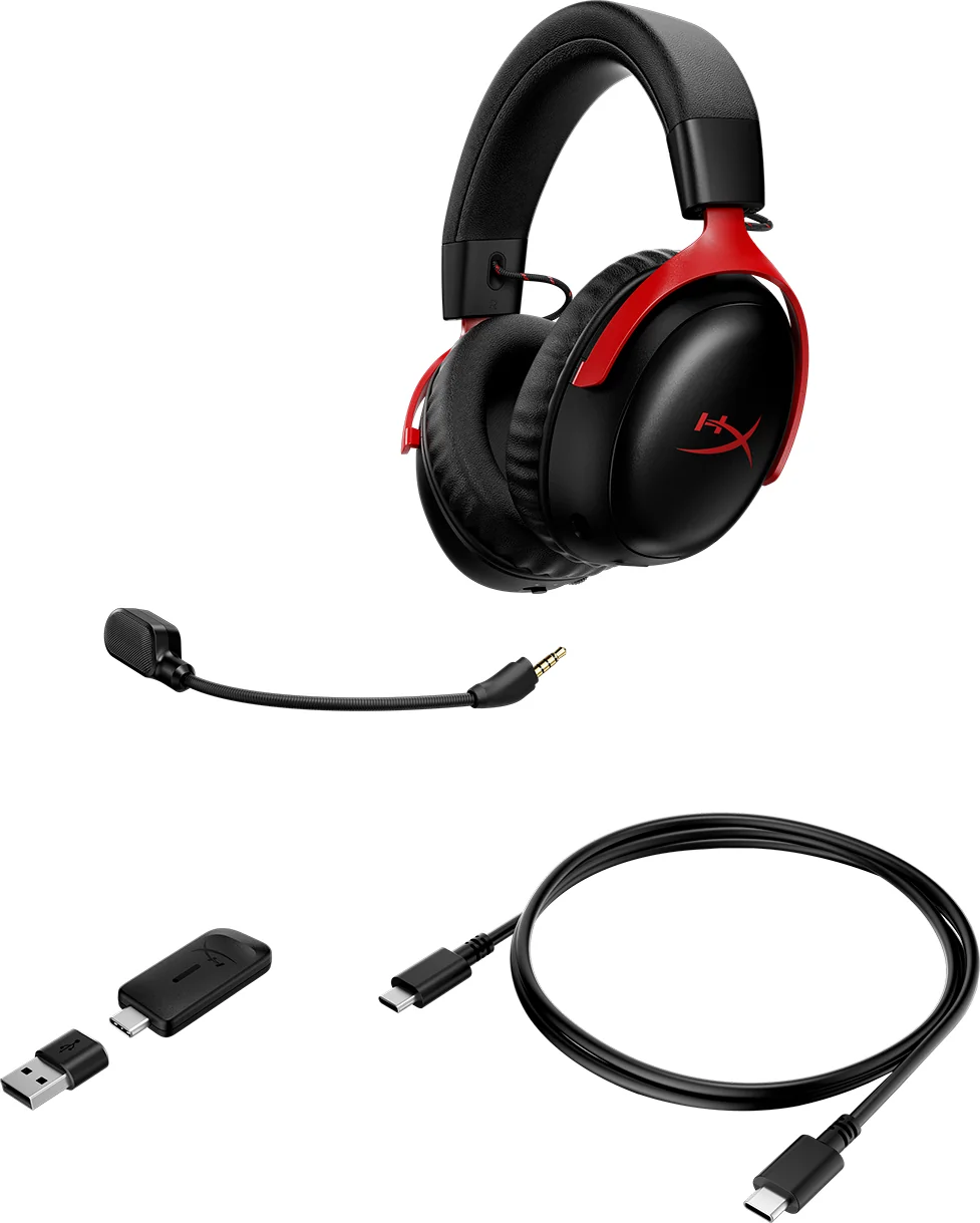Schwarzer Kopfhörer mit roten Akzenten, Mikrofon, USB-Adapter und Kabel.