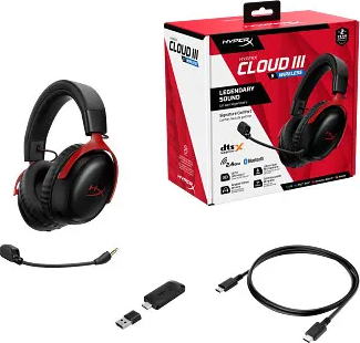 HyperX Cloud III Wireless Kopfhörer mit Zubehör und Verpackung auf weißem Hintergrund.